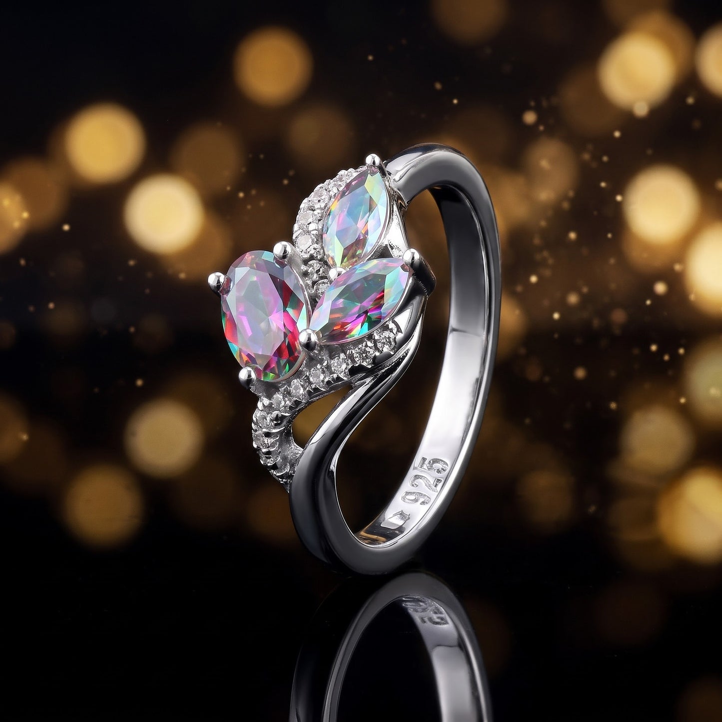 Sterling Silver Iridescent Rainbow Oval & Marquise CZ Ring for Women, Oval Cubic Zirconia, Promise Ring Gift view 4