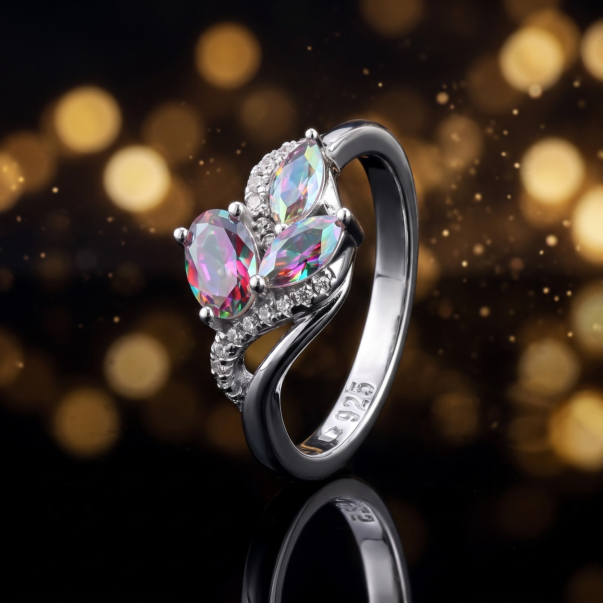 Sterling Silver Iridescent Rainbow Oval & Marquise CZ Ring for Women, Oval Cubic Zirconia, Promise Ring Gift view 4