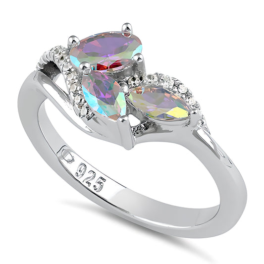 Sterling Silver Iridescent Rainbow Oval & Marquise CZ Ring for Women, Oval Cubic Zirconia, Promise Ring Gift