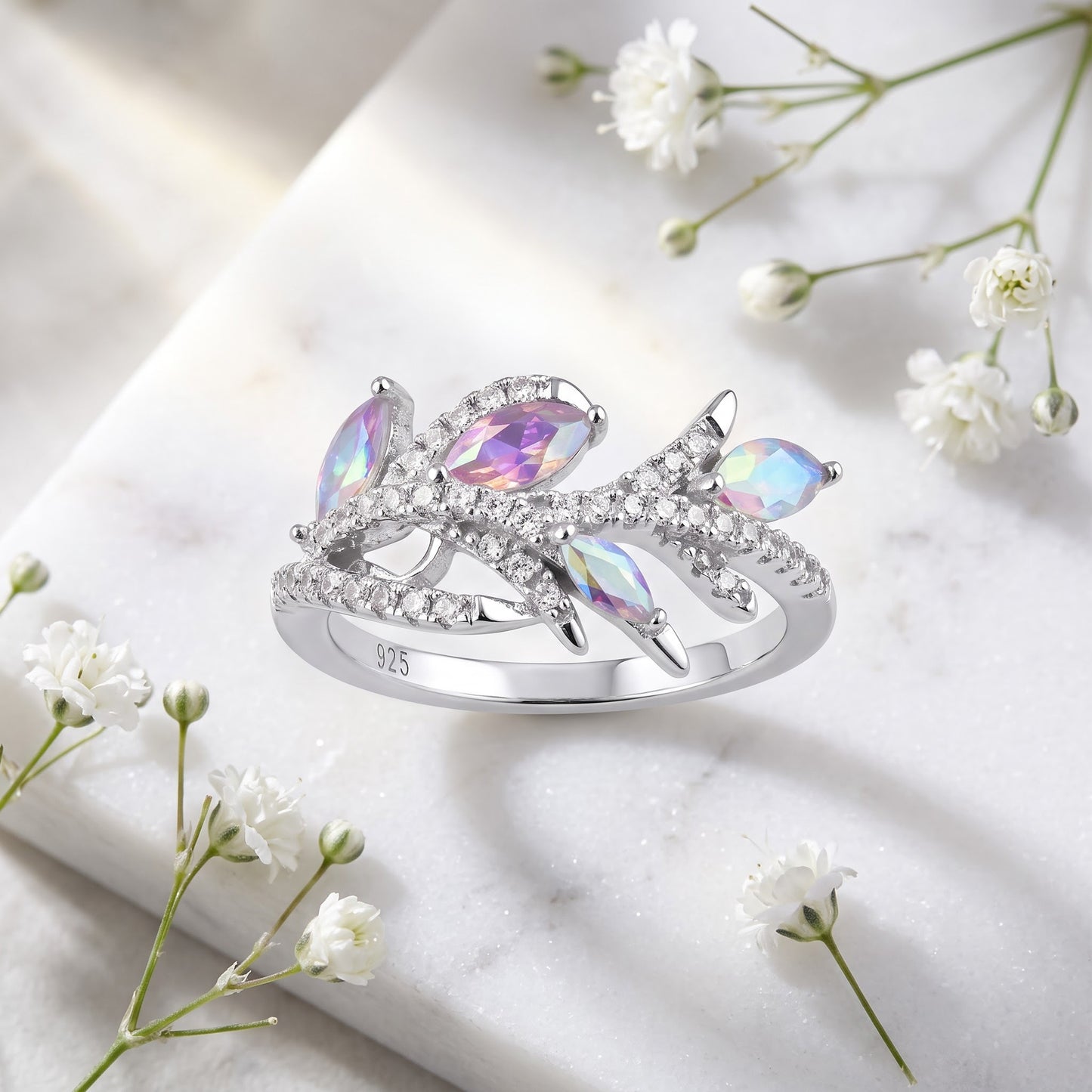 Sterling Silver Vine Leaves Iridescent Rainbow CZ Ring for Women, Cubic Zirconia, Promise Ring Gift view 1