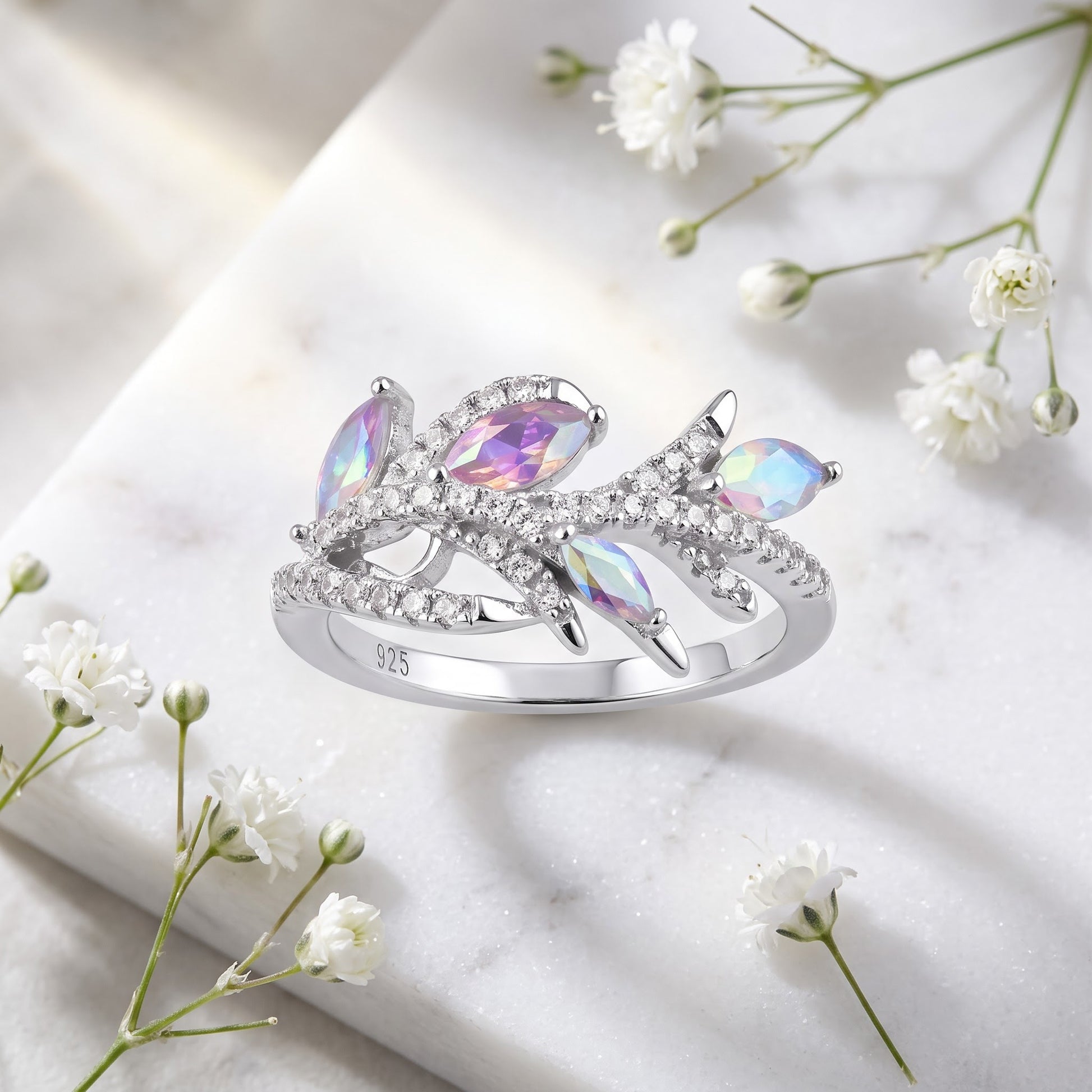 Sterling Silver Vine Leaves Iridescent Rainbow CZ Ring for Women, Cubic Zirconia, Promise Ring Gift view 1
