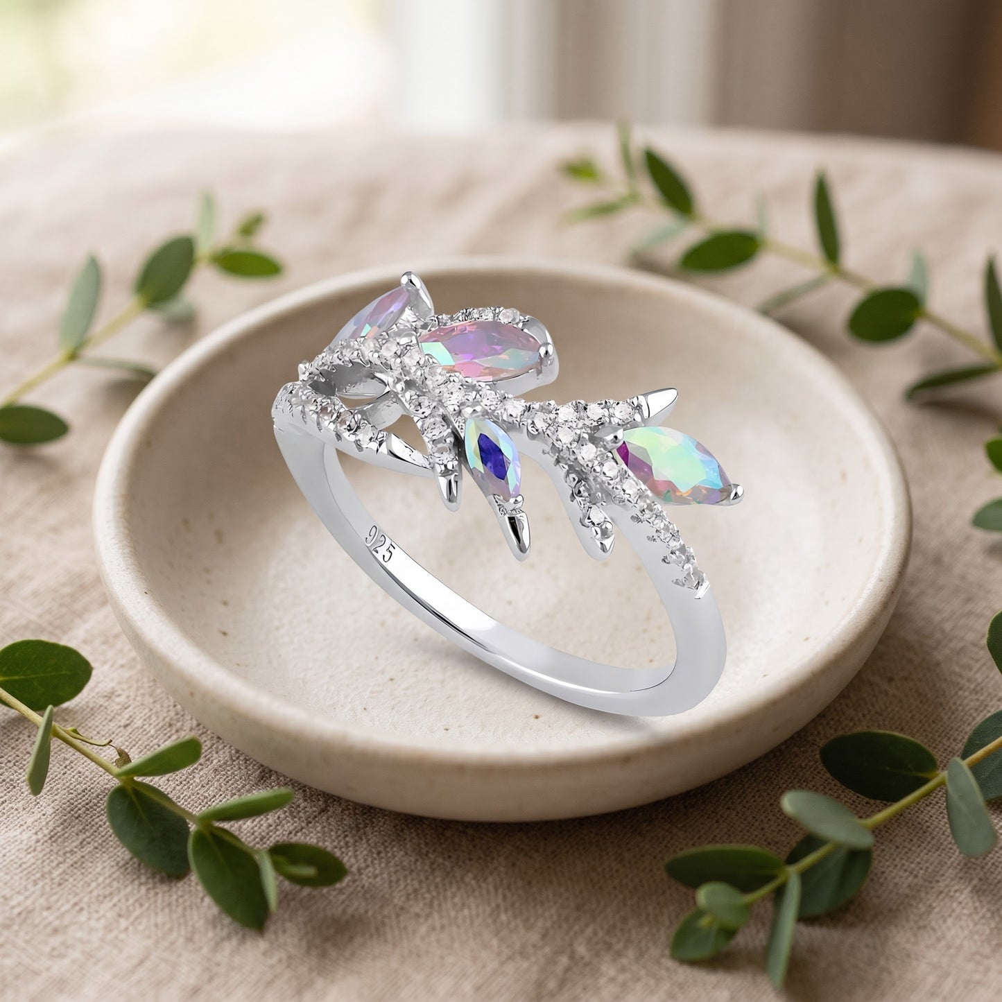 Sterling Silver Vine Leaves Iridescent Rainbow CZ Ring for Women, Cubic Zirconia, Promise Ring Gift view 2