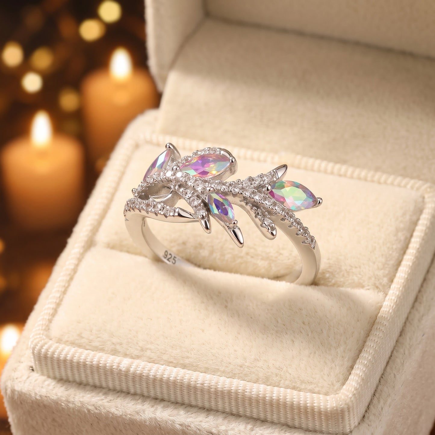 Sterling Silver Vine Leaves Iridescent Rainbow CZ Ring for Women, Cubic Zirconia, Promise Ring Gift view 3