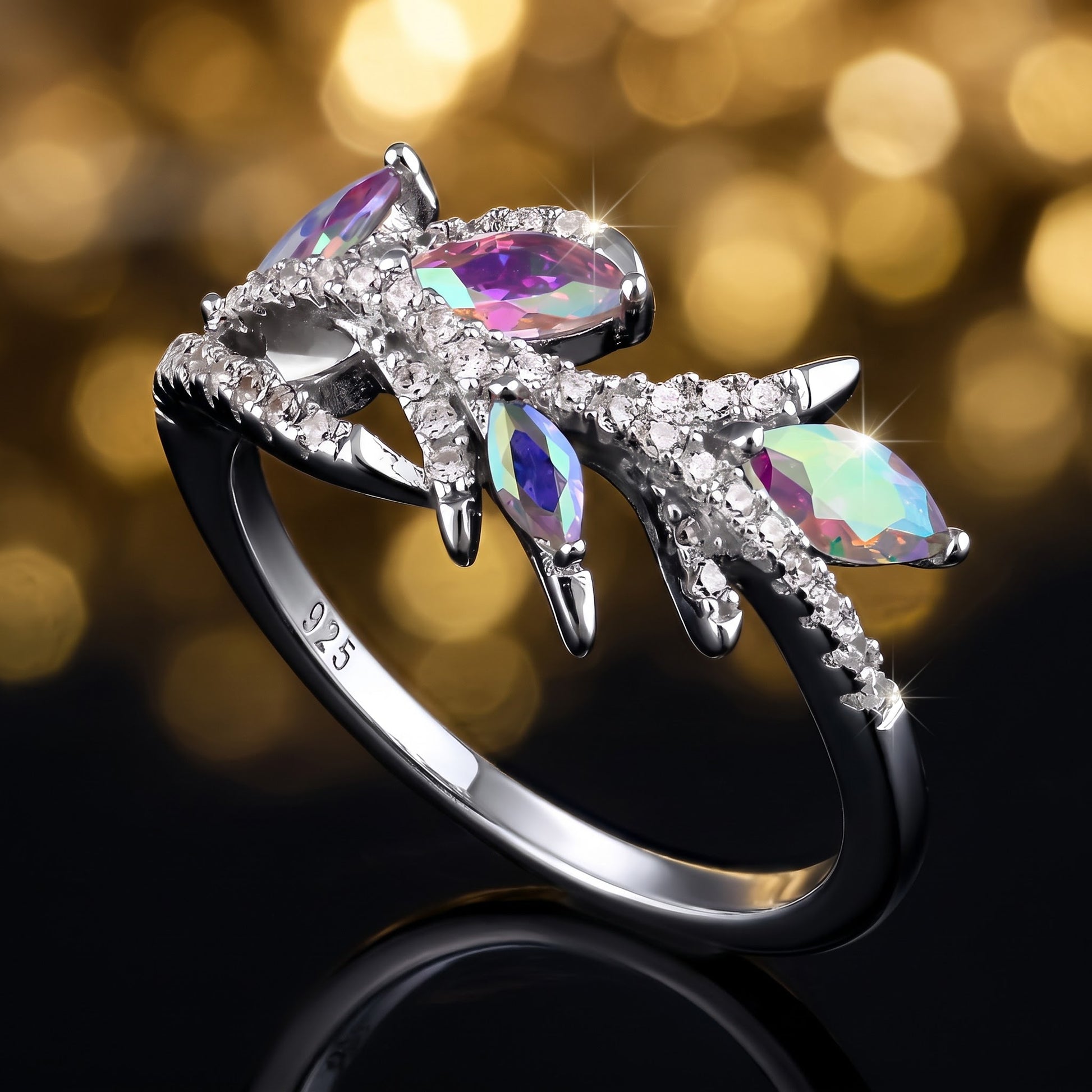 Sterling Silver Vine Leaves Iridescent Rainbow CZ Ring for Women, Cubic Zirconia, Promise Ring Gift view 4