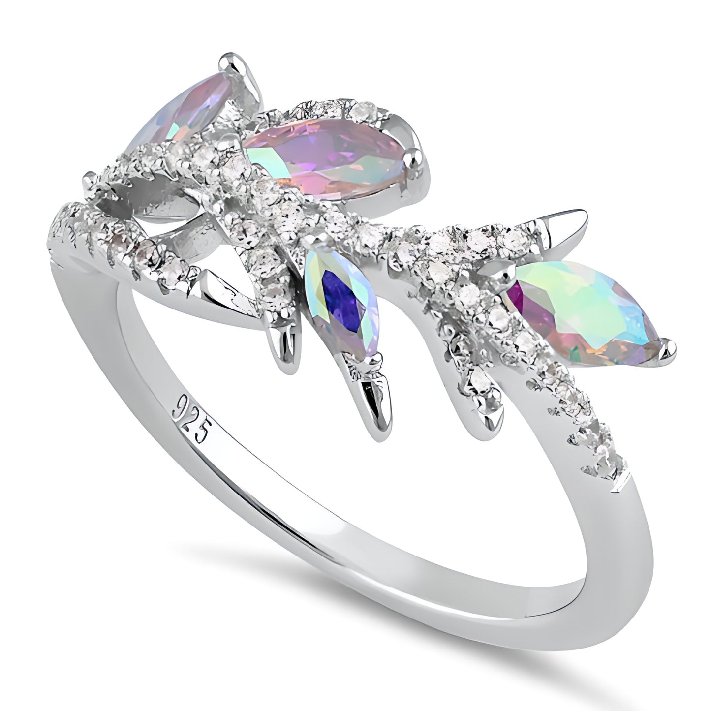 Sterling Silver Vine Leaves Iridescent Rainbow CZ Ring for Women, Cubic Zirconia, Promise Ring Gift