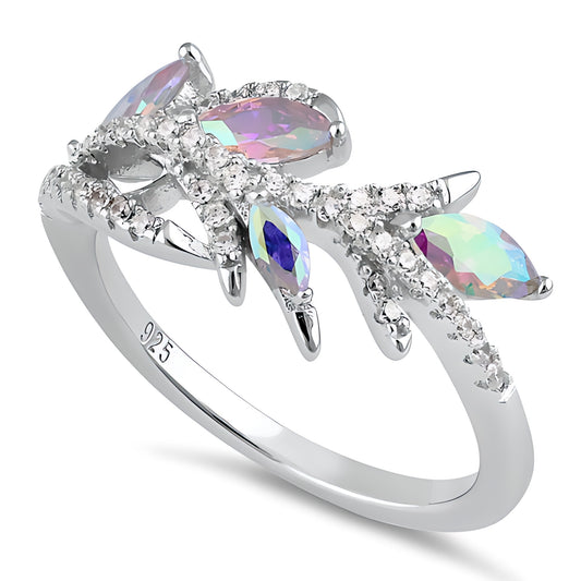 Sterling Silver Vine Leaves Iridescent Rainbow CZ Ring for Women, Cubic Zirconia, Promise Ring Gift