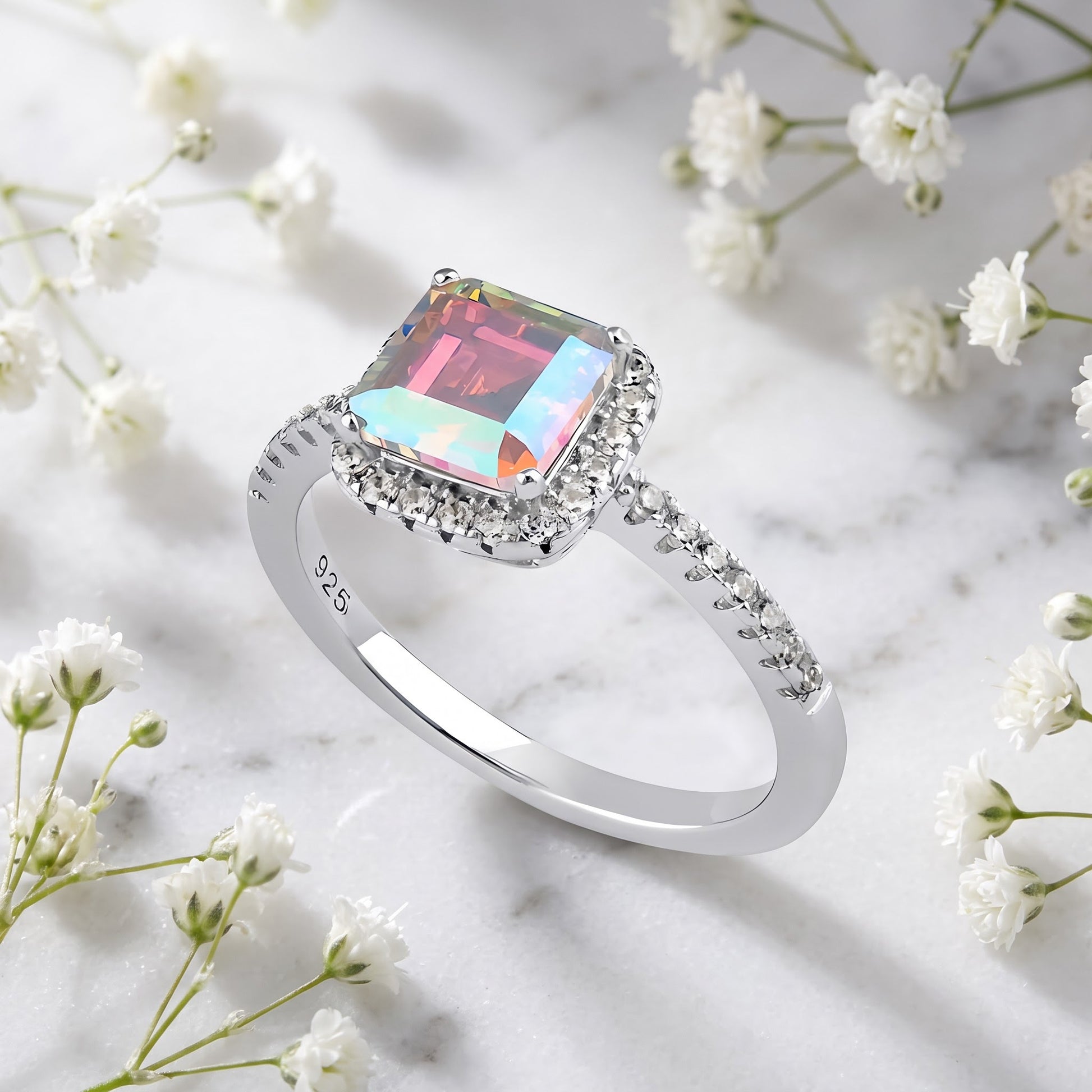 Sterling Silver Chic Square Halo Iridescent Rainbow CZ Ring for Women, Square Cubic Zirconia, Promise Ring Gift view 1