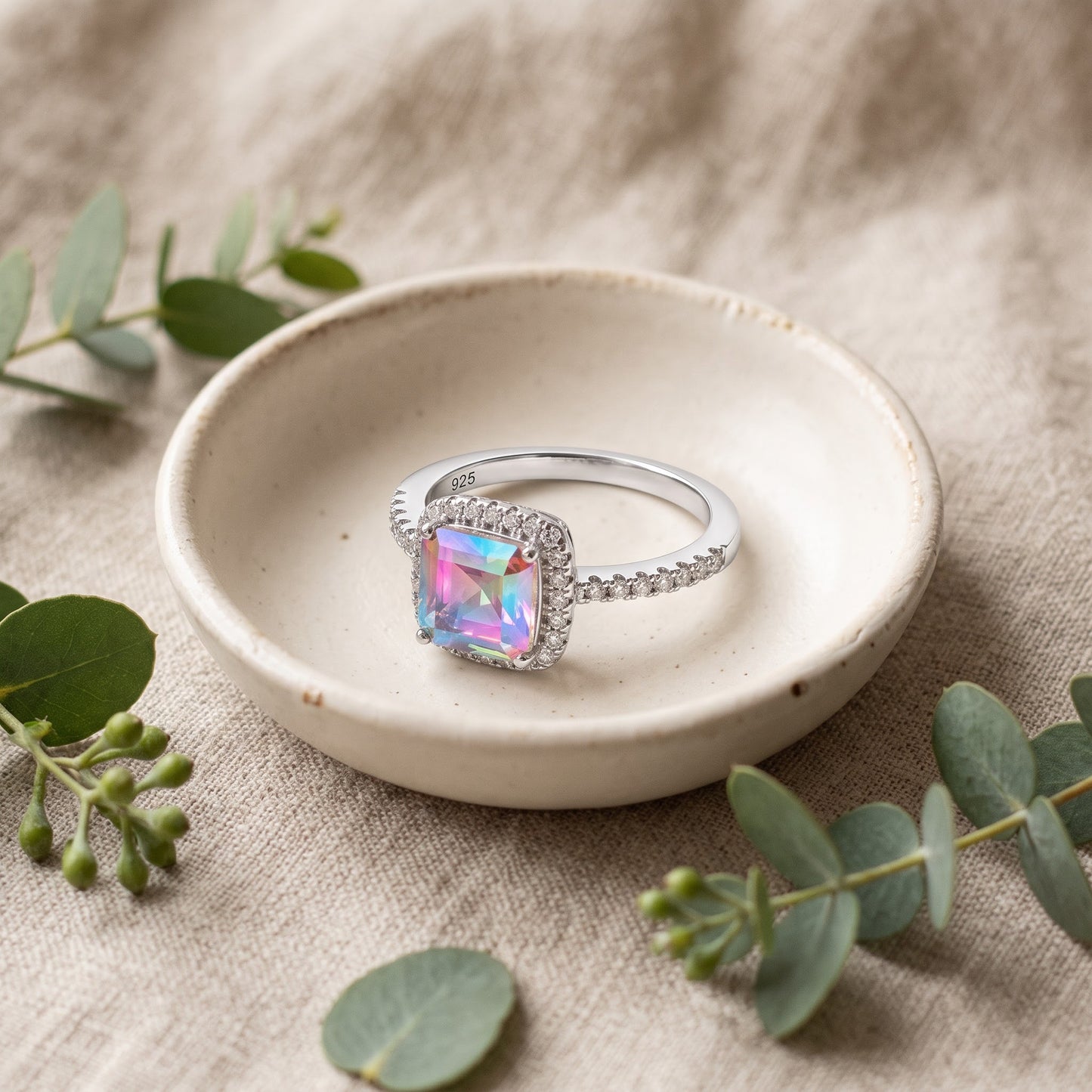 Sterling Silver Chic Square Halo Iridescent Rainbow CZ Ring for Women, Square Cubic Zirconia, Promise Ring Gift view 2