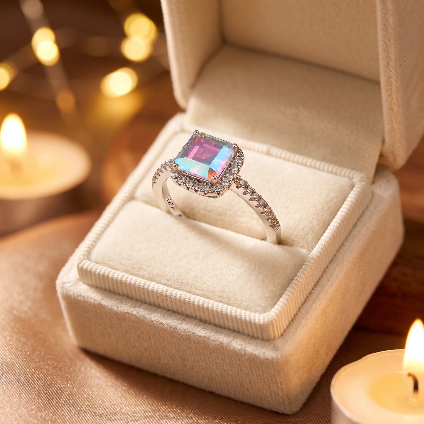 Sterling Silver Chic Square Halo Iridescent Rainbow CZ Ring for Women, Square Cubic Zirconia, Promise Ring Gift view 3