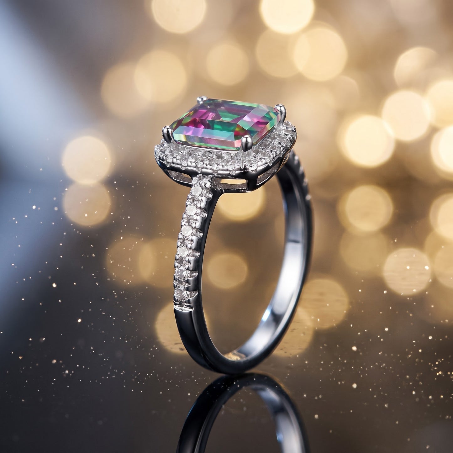 Sterling Silver Chic Square Halo Iridescent Rainbow CZ Ring for Women, Square Cubic Zirconia, Promise Ring Gift view 4