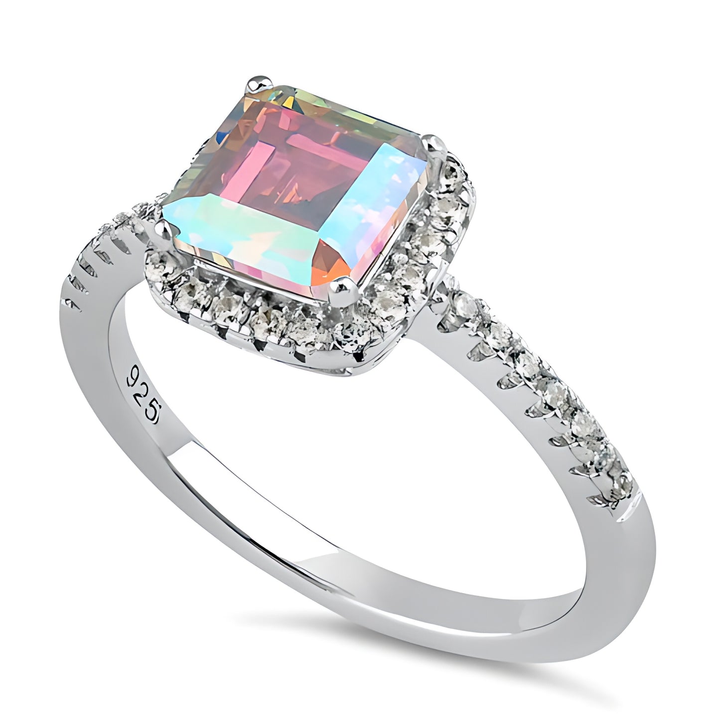 Sterling Silver Chic Square Halo Iridescent Rainbow CZ Ring for Women, Square Cubic Zirconia, Promise Ring Gift