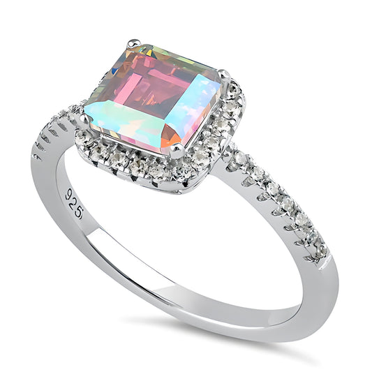 Sterling Silver Chic Square Halo Iridescent Rainbow CZ Ring for Women, Square Cubic Zirconia, Promise Ring Gift