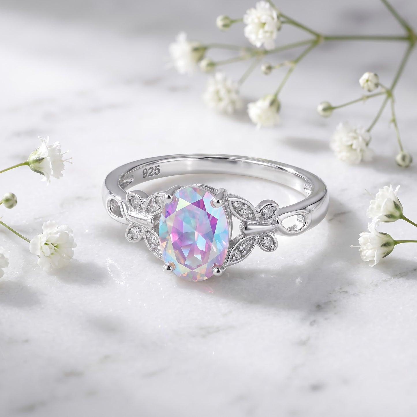 Sterling Silver Double Butterfly Iridescent Rainbow Center Stone CZ Ring for Women, Cubic Zirconia, Promise Ring Gift view 1
