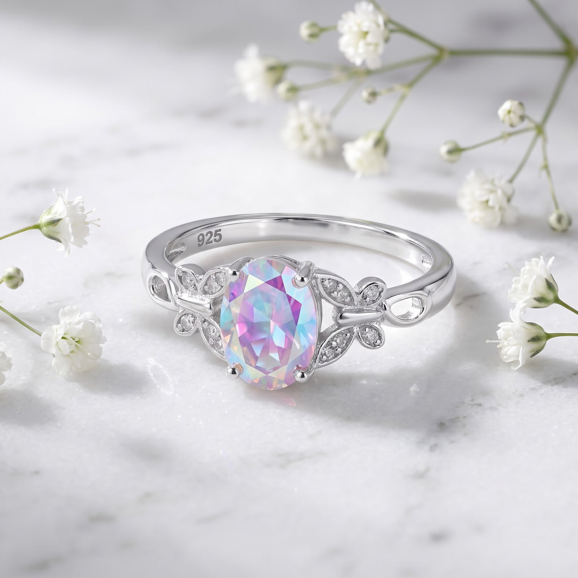 Sterling Silver Double Butterfly Iridescent Rainbow Center Stone CZ Ring for Women, Cubic Zirconia, Promise Ring Gift view 1