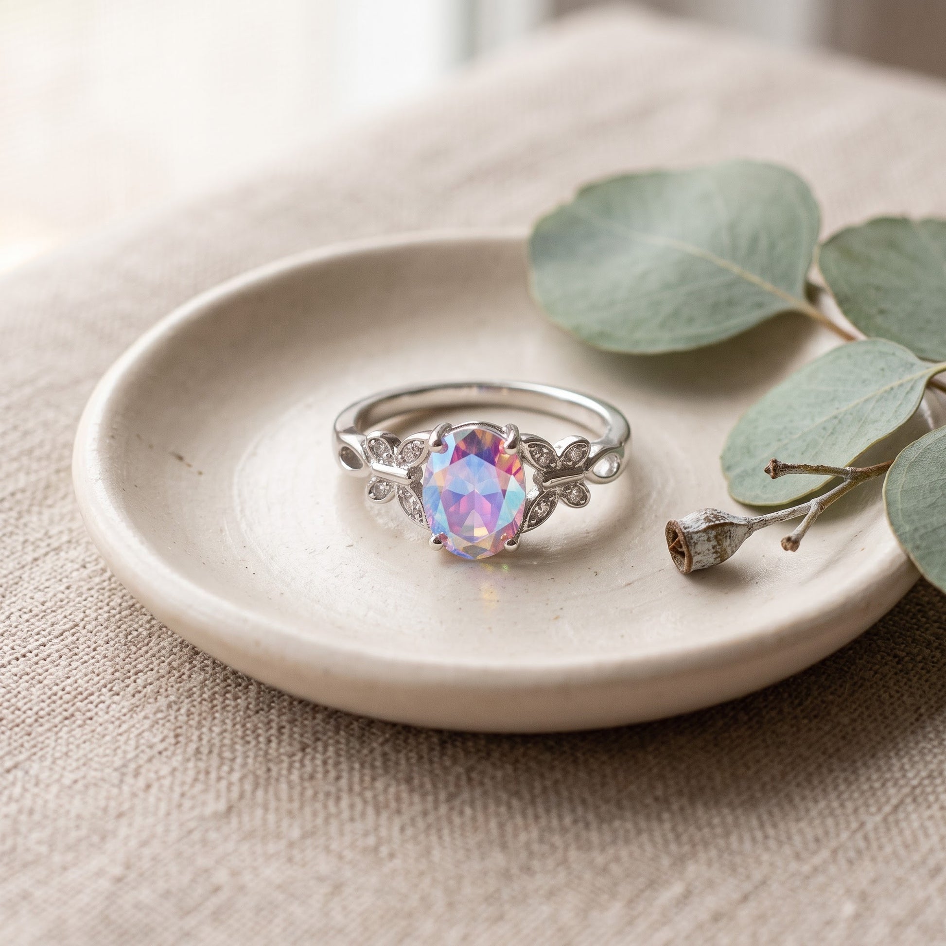 Sterling Silver Double Butterfly Iridescent Rainbow Center Stone CZ Ring for Women, Cubic Zirconia, Promise Ring Gift view 2