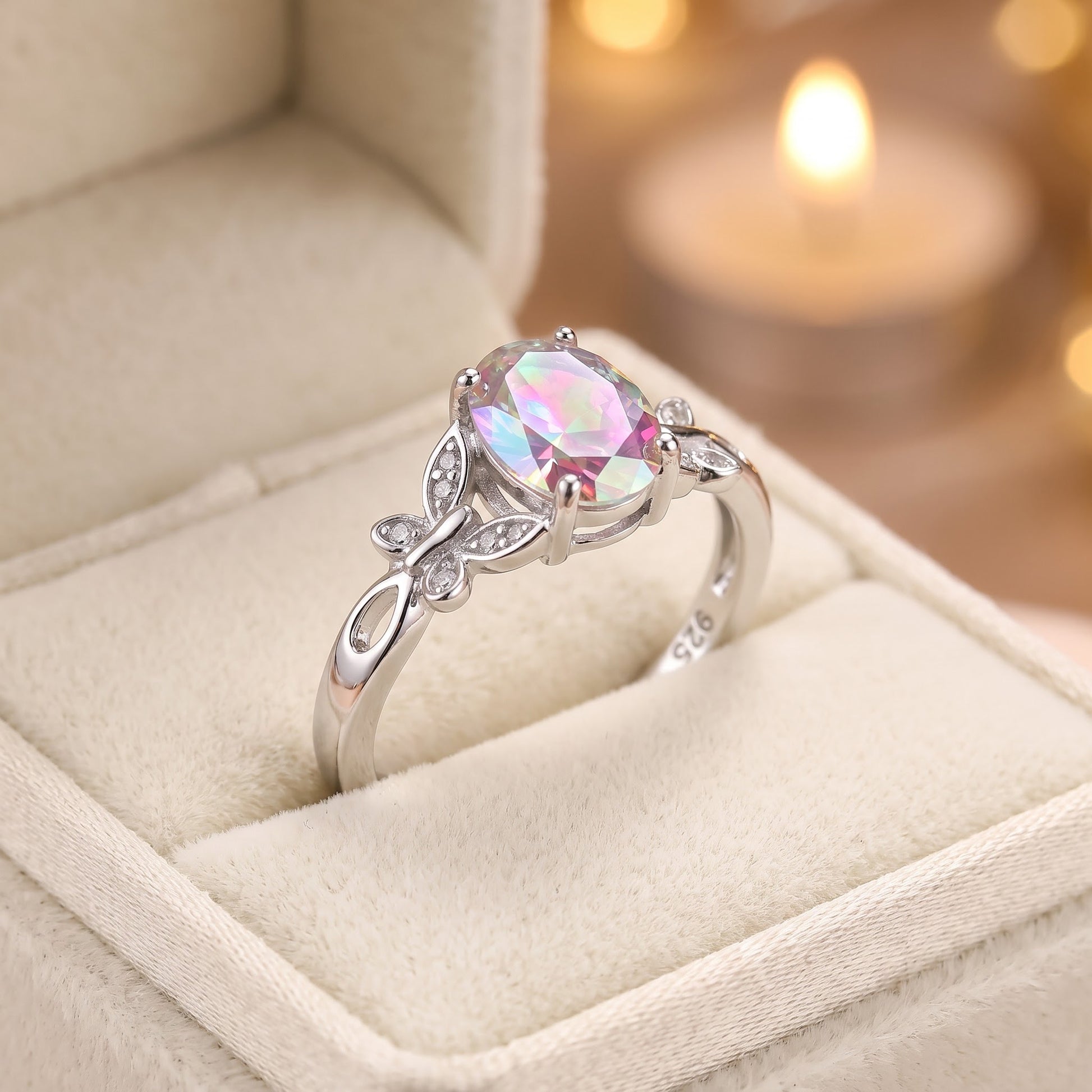 Sterling Silver Double Butterfly Iridescent Rainbow Center Stone CZ Ring for Women, Cubic Zirconia, Promise Ring Gift view 3