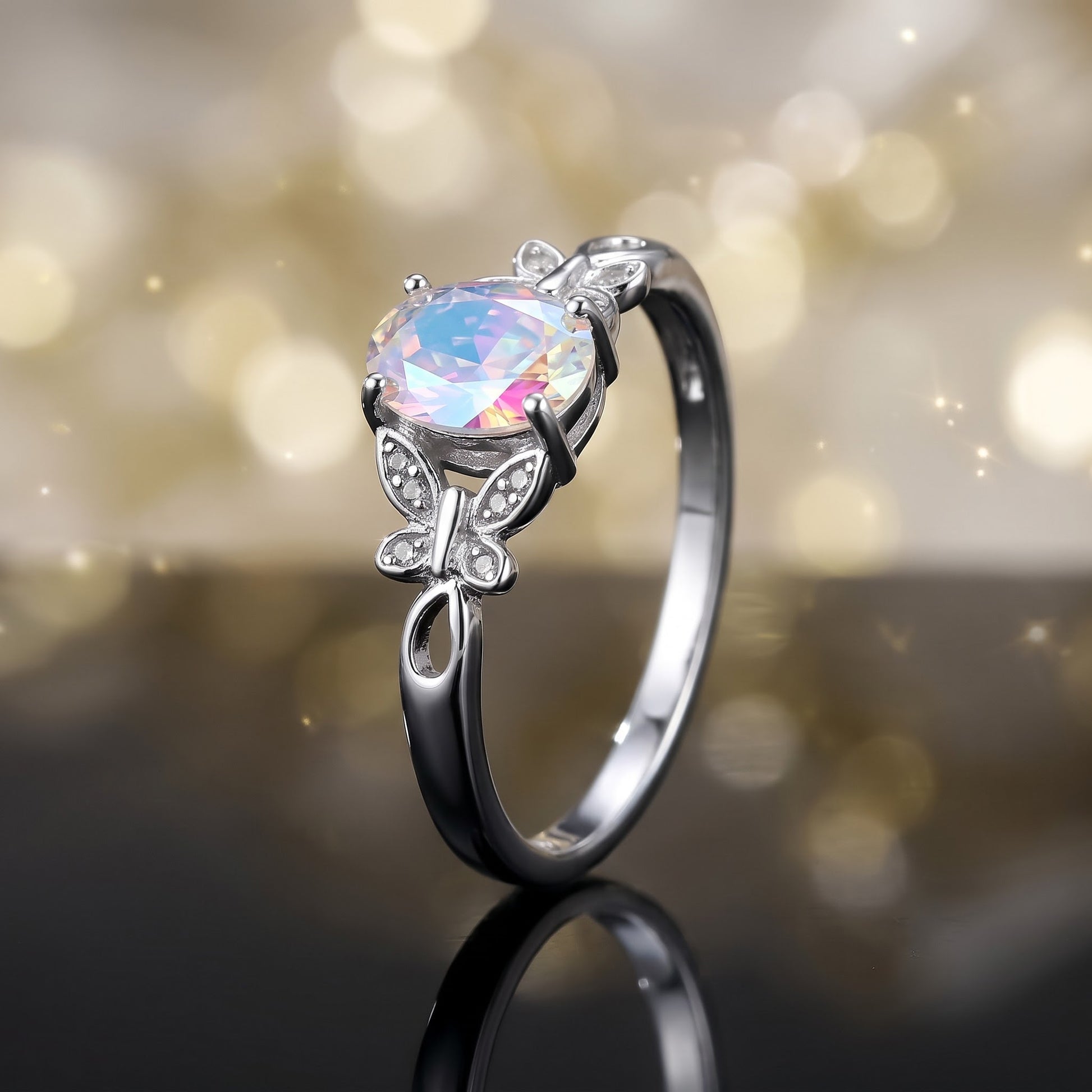 Sterling Silver Double Butterfly Iridescent Rainbow Center Stone CZ Ring for Women, Cubic Zirconia, Promise Ring Gift view 4