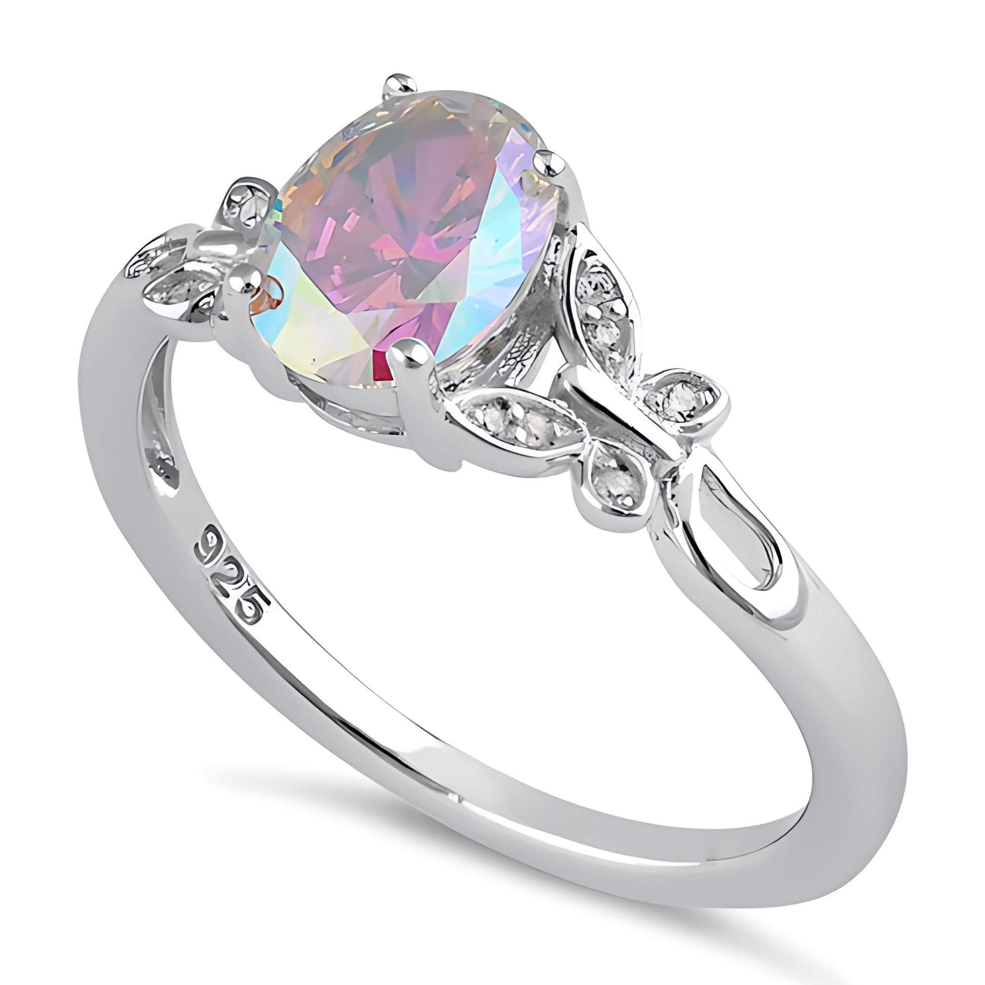 Sterling Silver Double Butterfly Iridescent Rainbow Center Stone CZ Ring for Women, Cubic Zirconia, Promise Ring Gift
