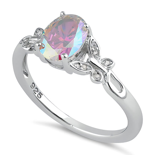 Sterling Silver Double Butterfly Iridescent Rainbow Center Stone CZ Ring for Women, Cubic Zirconia, Promise Ring Gift