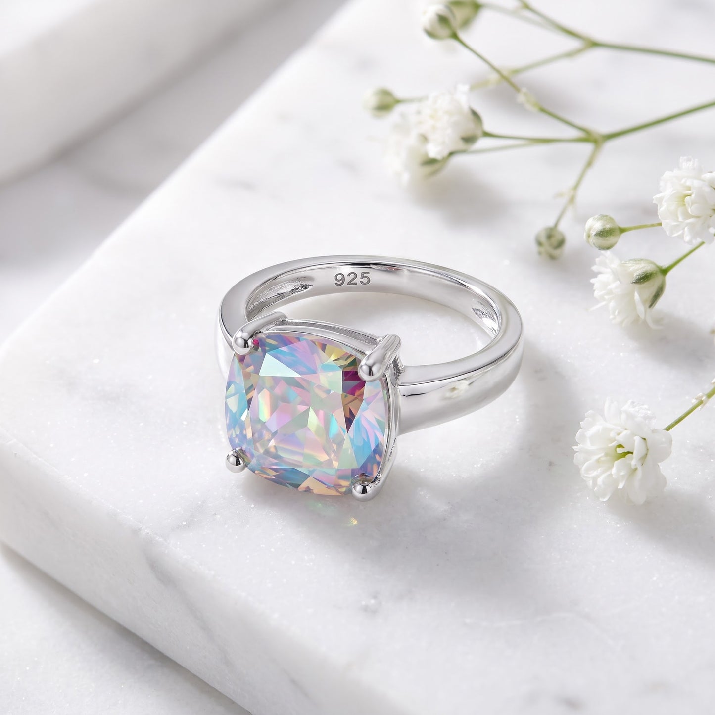 Sterling Silver Cushion-Cut Iridescent Rainbow CZ Ring for Women, Cushion Cubic Zirconia, Promise Ring Gift view 1