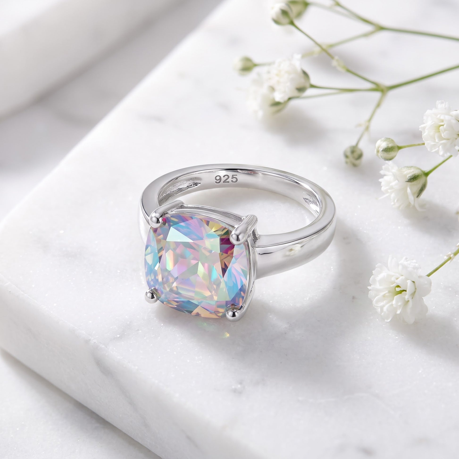 Sterling Silver Cushion-Cut Iridescent Rainbow CZ Ring for Women, Cushion Cubic Zirconia, Promise Ring Gift view 1