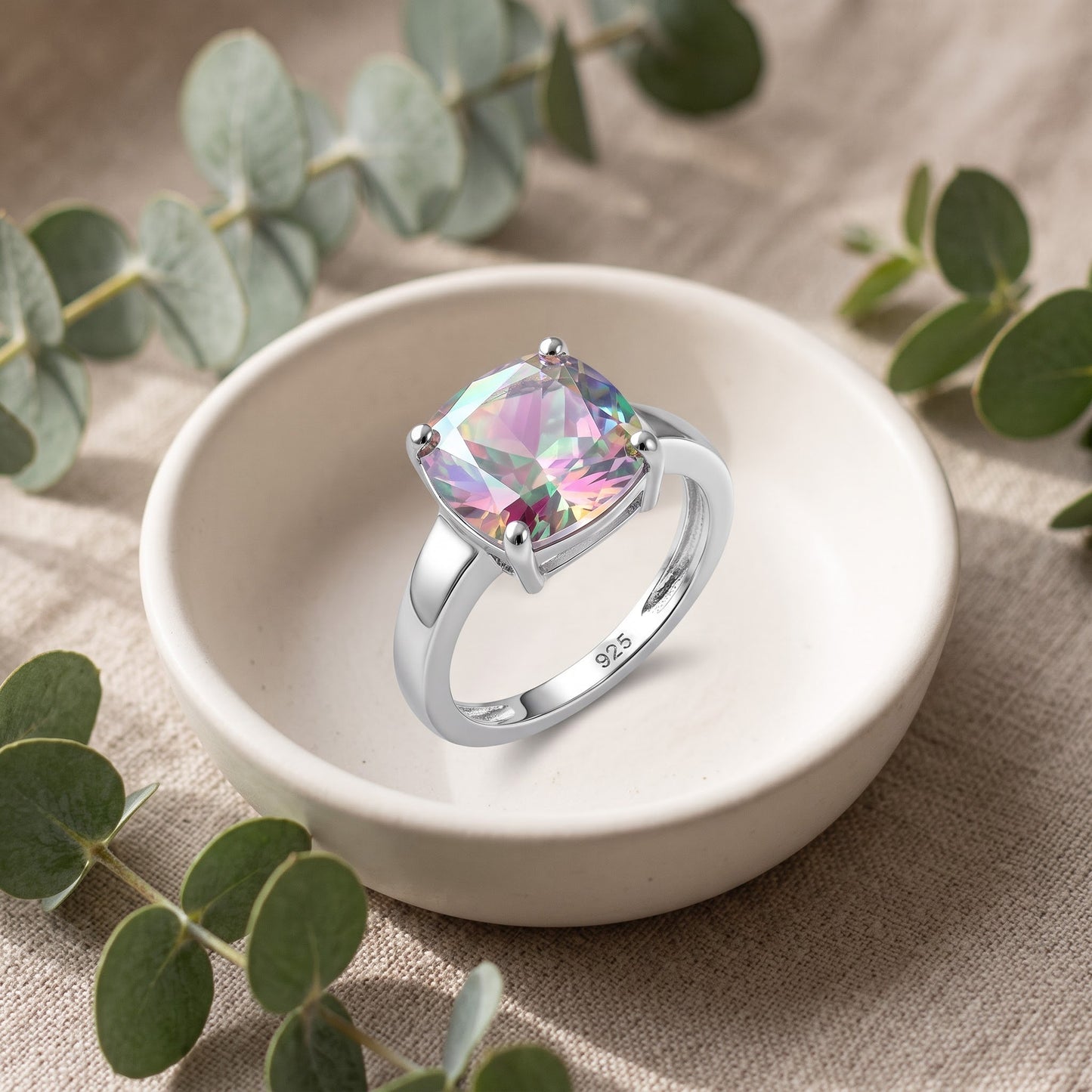 Sterling Silver Cushion-Cut Iridescent Rainbow CZ Ring for Women, Cushion Cubic Zirconia, Promise Ring Gift view 2
