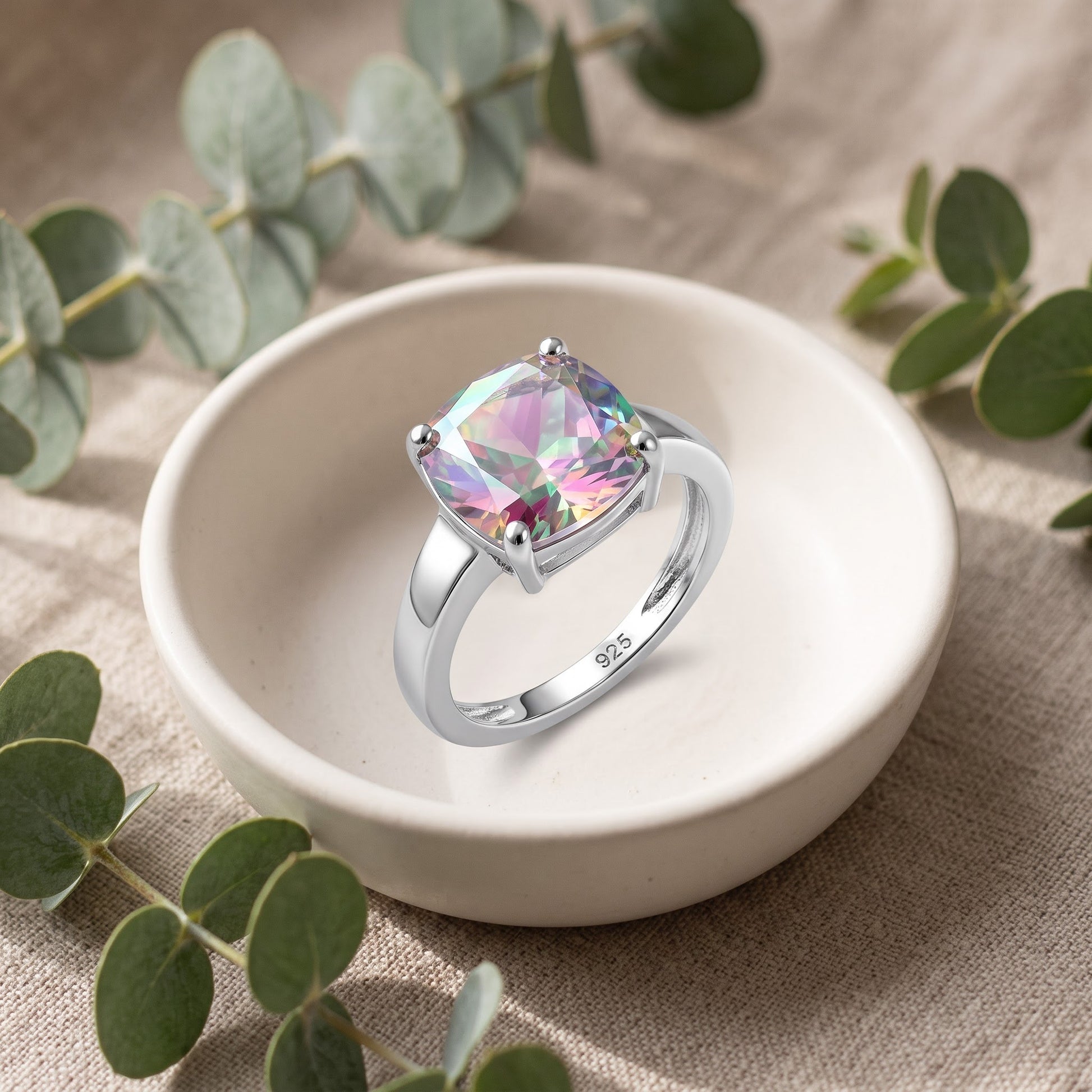 Sterling Silver Cushion-Cut Iridescent Rainbow CZ Ring for Women, Cushion Cubic Zirconia, Promise Ring Gift view 2