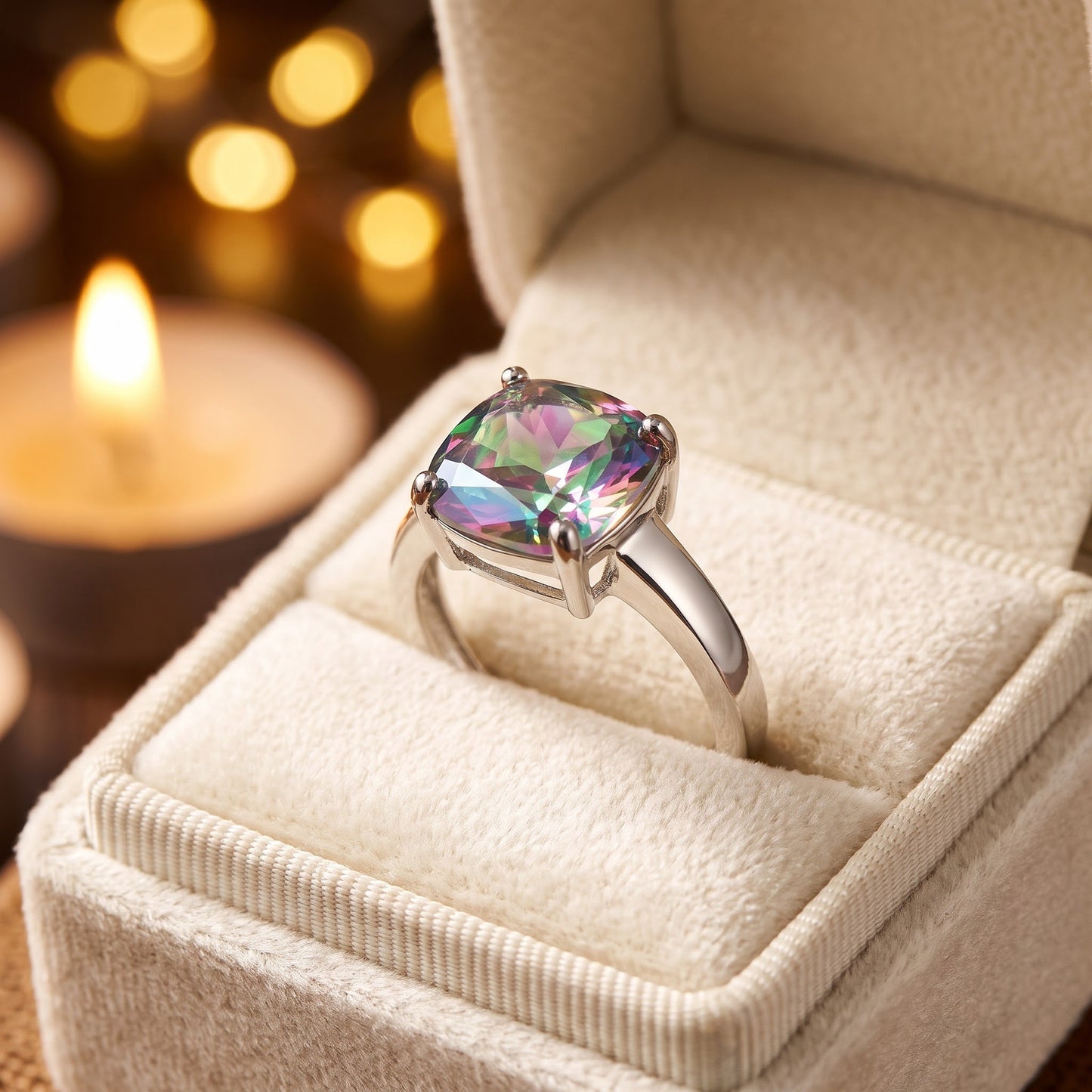 Sterling Silver Cushion-Cut Iridescent Rainbow CZ Ring for Women, Cushion Cubic Zirconia, Promise Ring Gift view 3