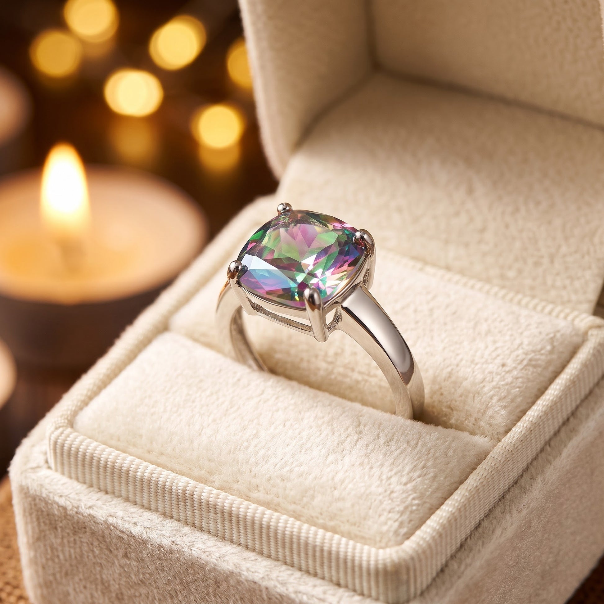 Sterling Silver Cushion-Cut Iridescent Rainbow CZ Ring for Women, Cushion Cubic Zirconia, Promise Ring Gift view 3