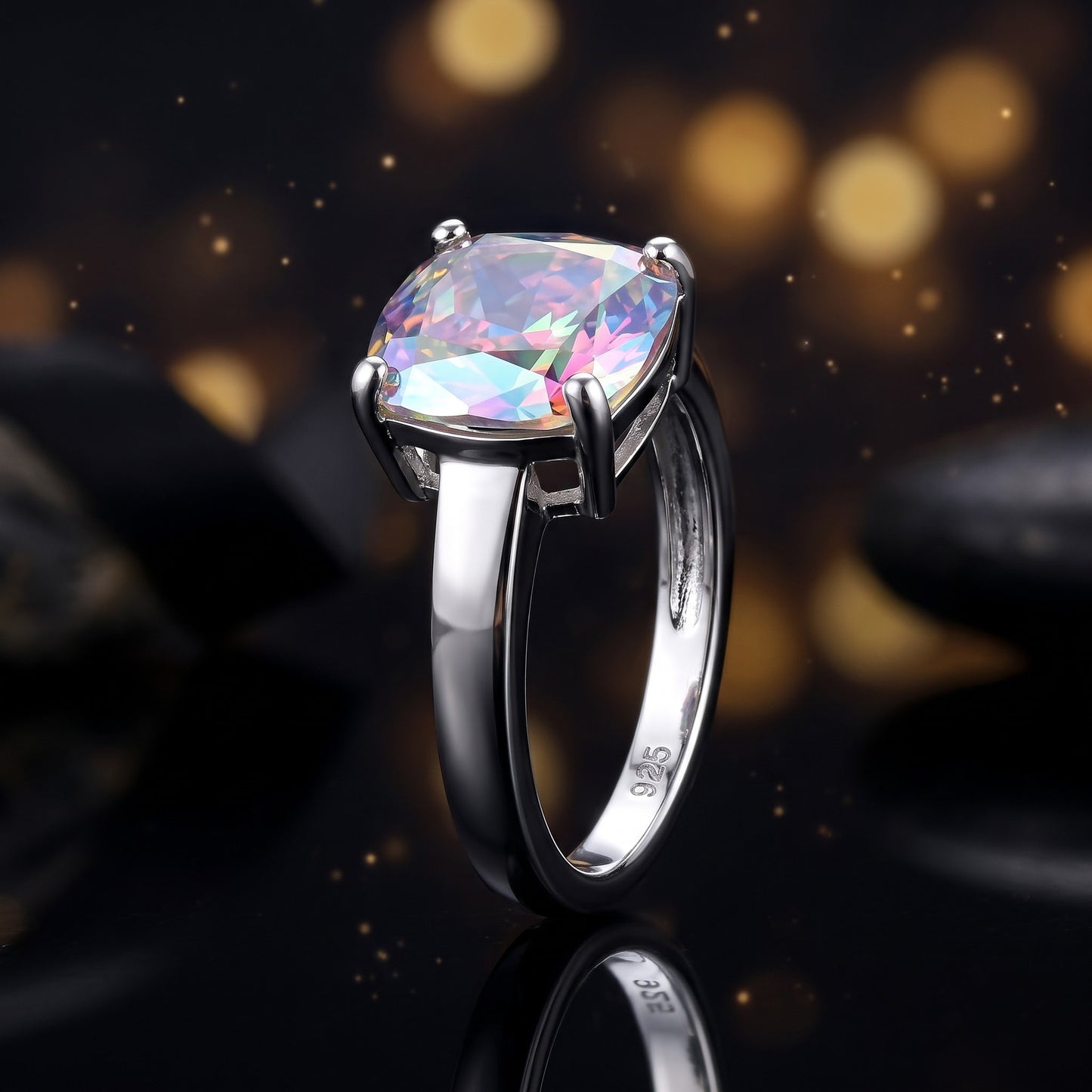 Sterling Silver Cushion-Cut Iridescent Rainbow CZ Ring for Women, Cushion Cubic Zirconia, Promise Ring Gift view 4