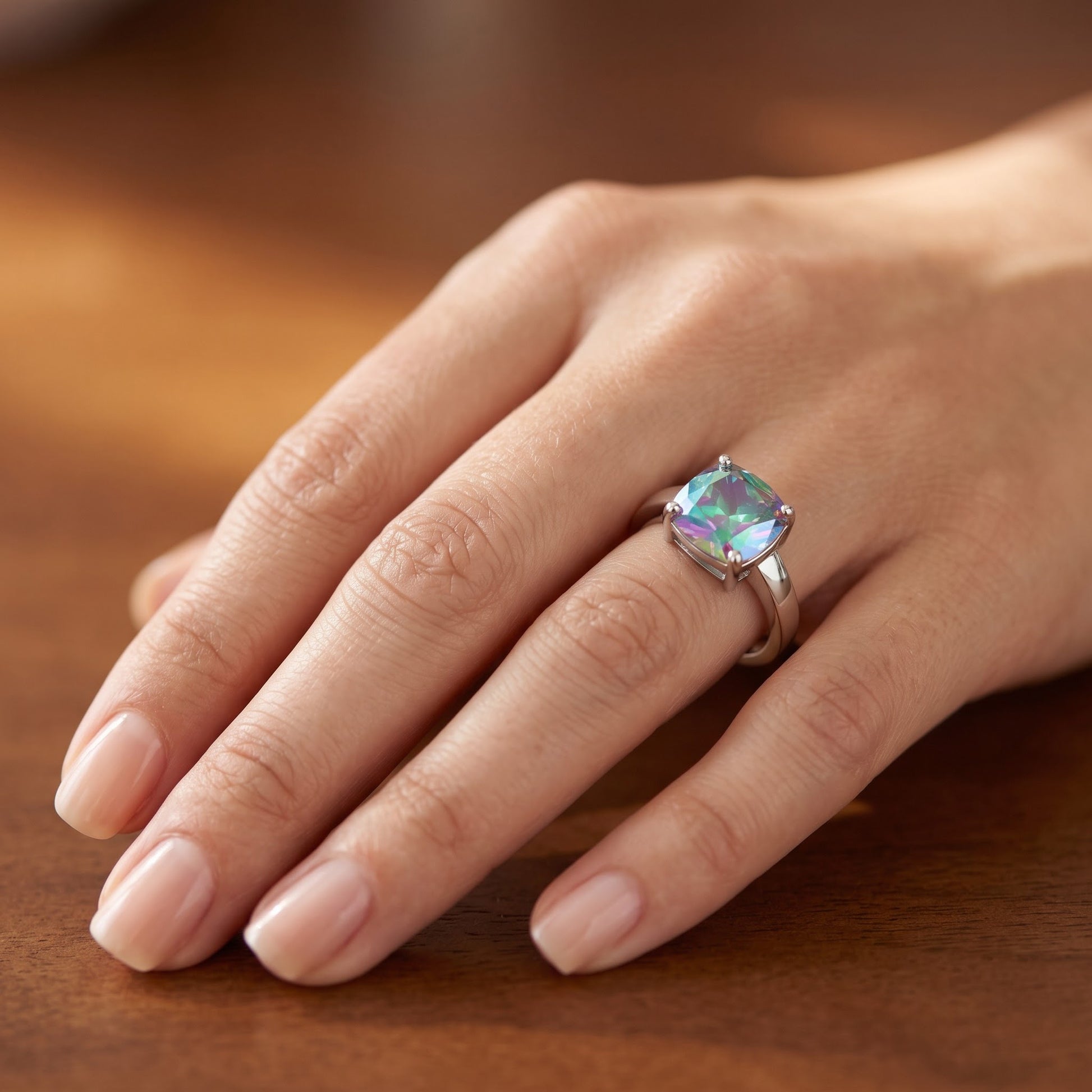 Sterling Silver Cushion-Cut Iridescent Rainbow CZ Ring for Women, Cushion Cubic Zirconia, Promise Ring Gift view 5
