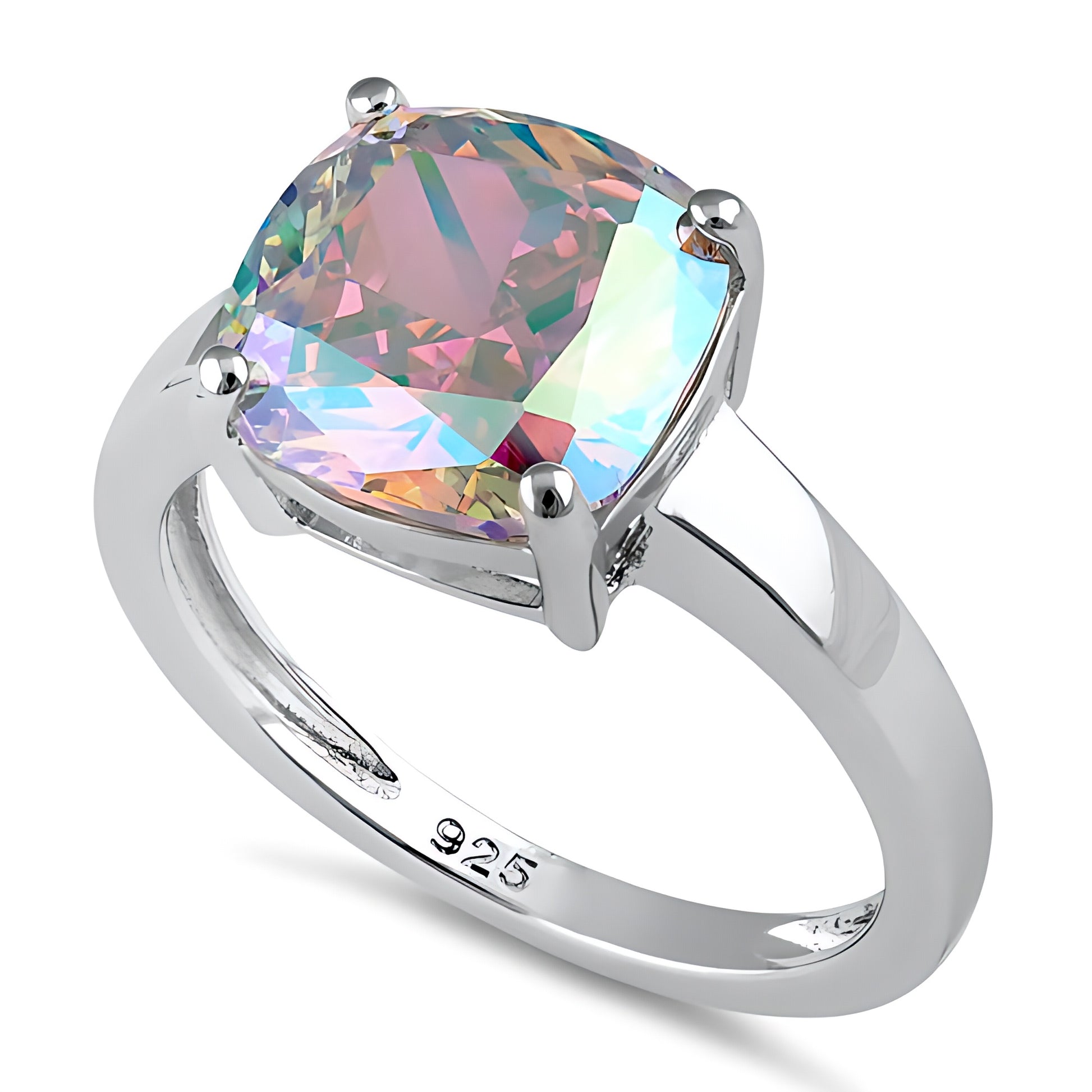 Sterling Silver Cushion-Cut Iridescent Rainbow CZ Ring for Women, Cushion Cubic Zirconia, Promise Ring Gift