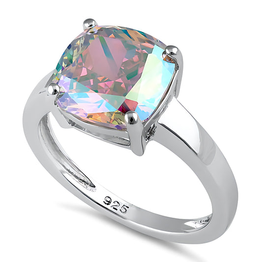 Sterling Silver Cushion-Cut Iridescent Rainbow CZ Ring for Women, Cushion Cubic Zirconia, Promise Ring Gift