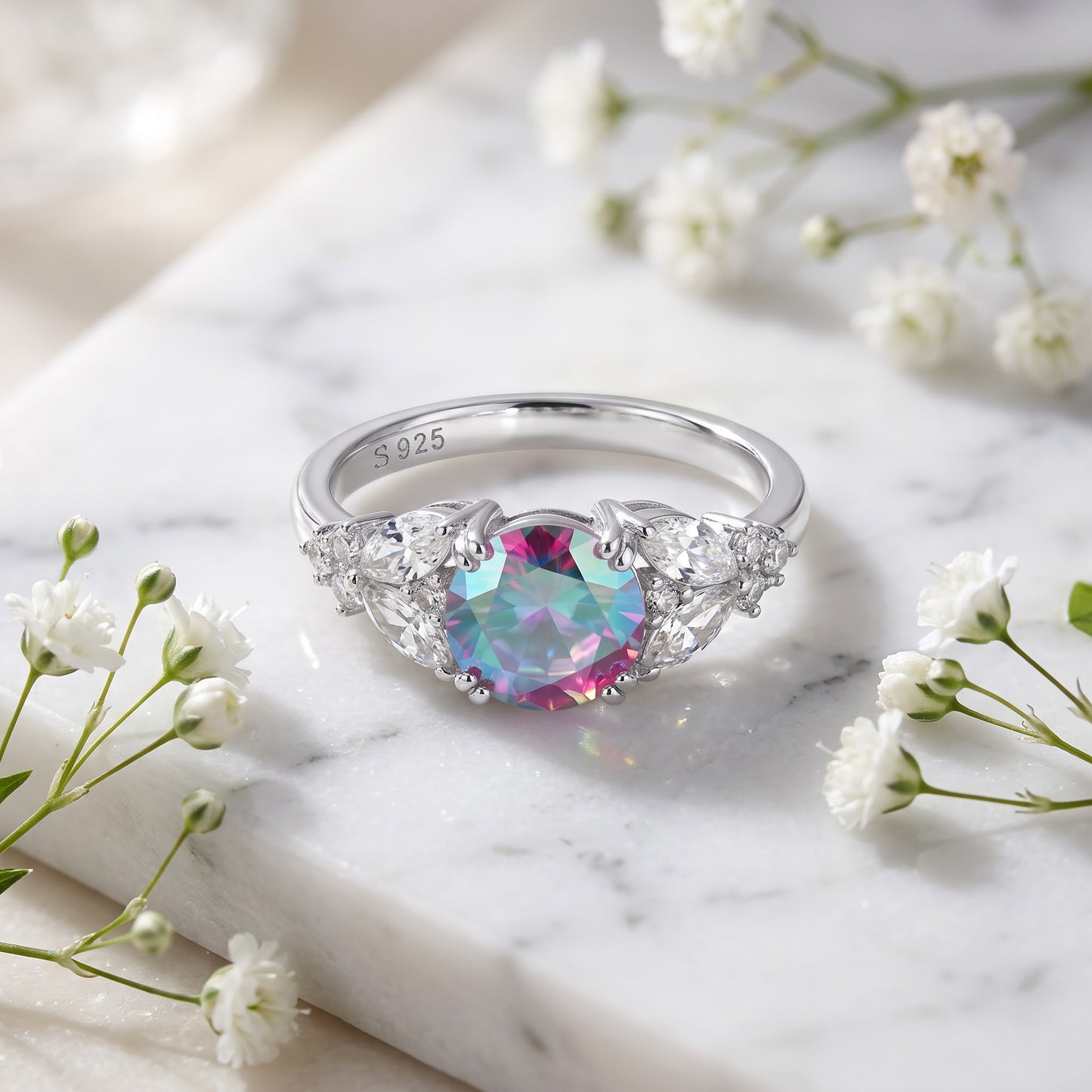 Sterling Silver Elegant Round Iridescent Rainbow CZ Ring for Women, Round Cubic Zirconia, Promise Ring Gift view 1