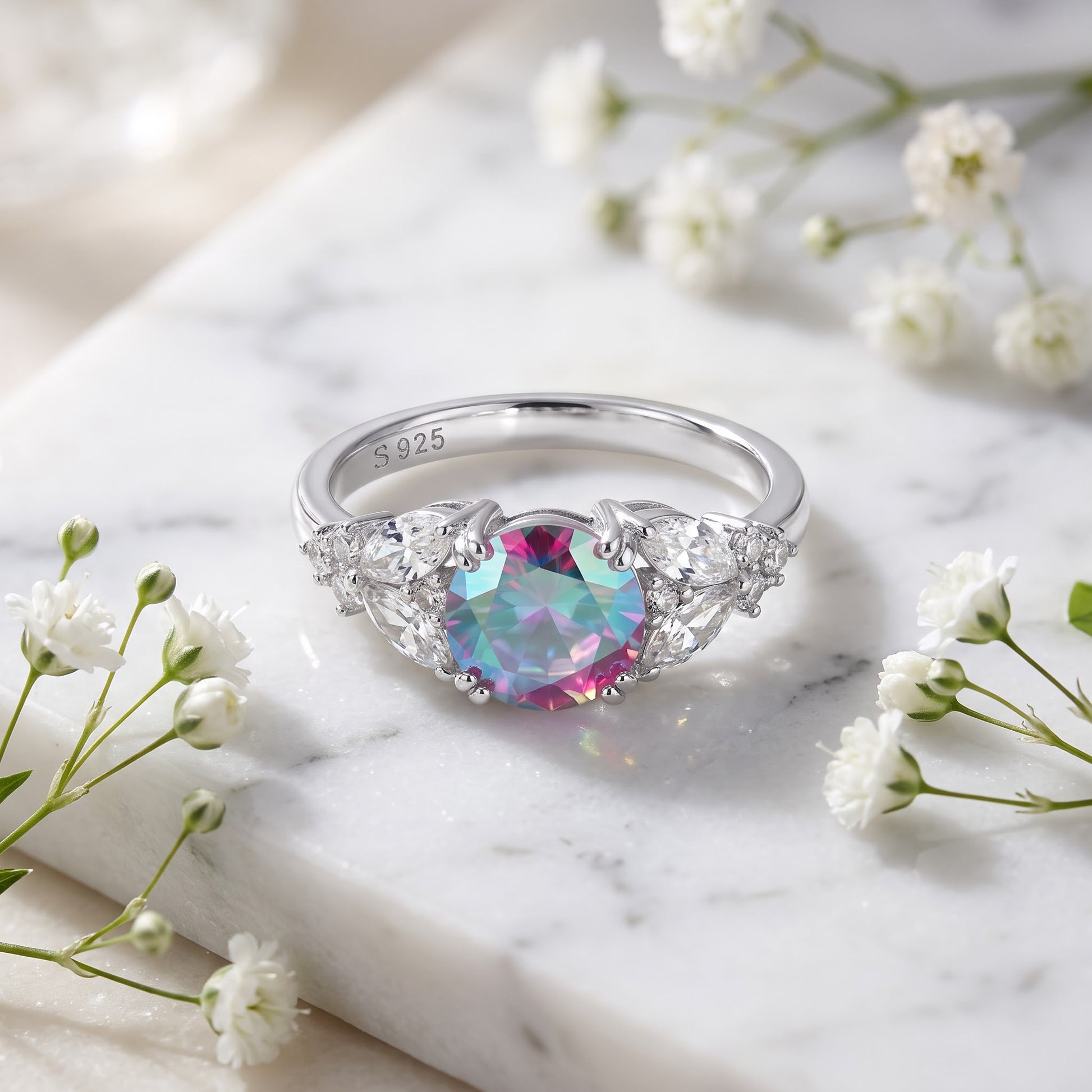 Sterling Silver Elegant Round Iridescent Rainbow CZ Ring for Women, Round Cubic Zirconia, Promise Ring Gift view 1