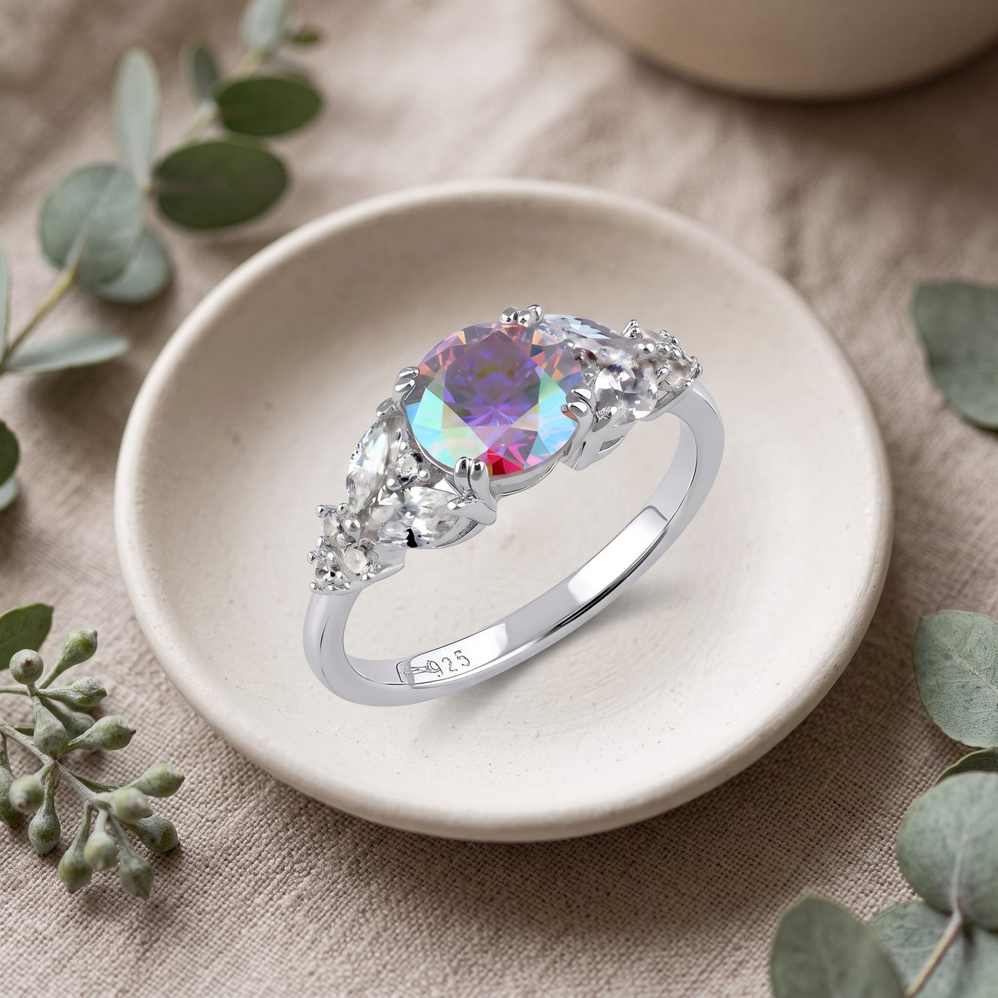 Sterling Silver Elegant Round Iridescent Rainbow CZ Ring for Women, Round Cubic Zirconia, Promise Ring Gift view 2