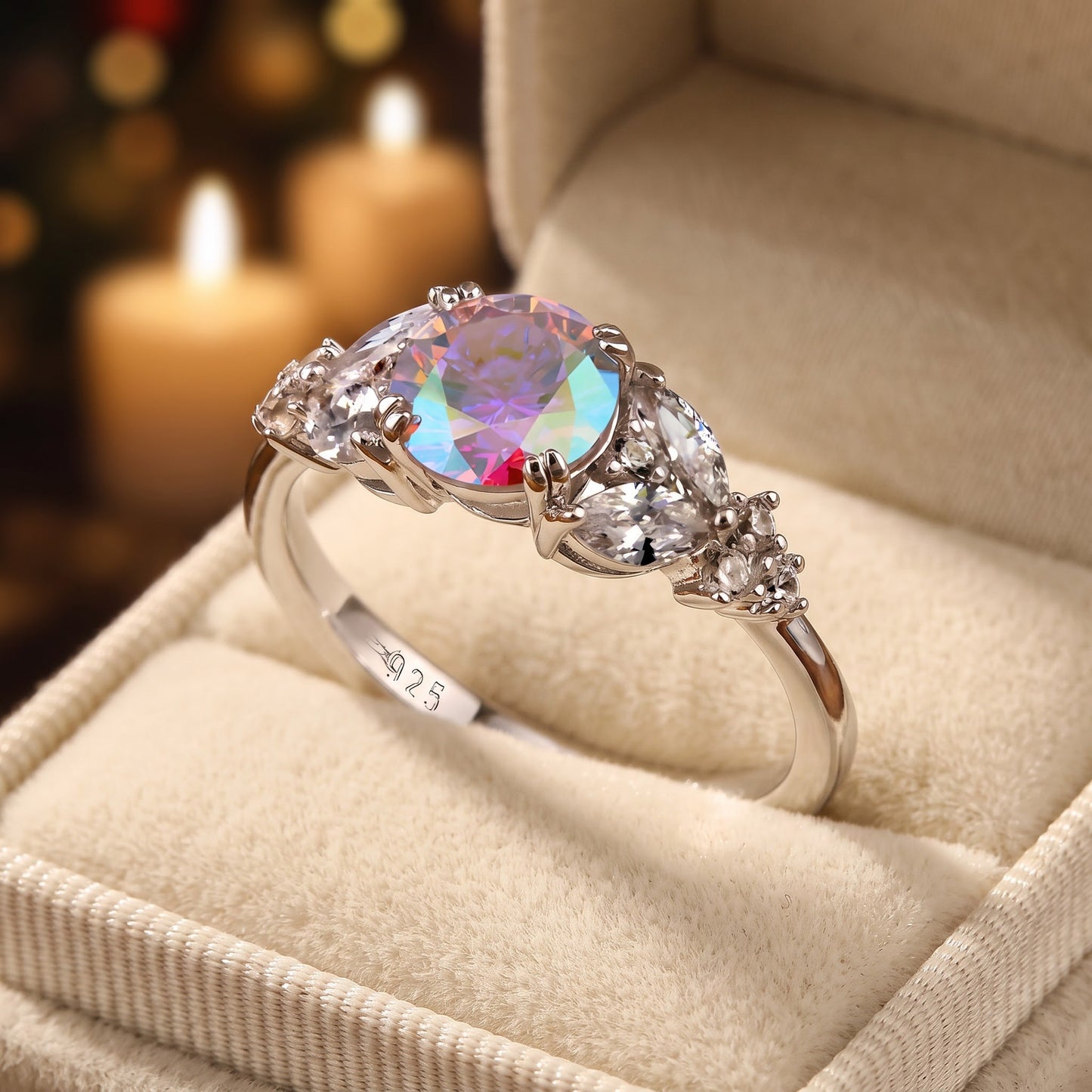 Sterling Silver Elegant Round Iridescent Rainbow CZ Ring for Women, Round Cubic Zirconia, Promise Ring Gift view 3