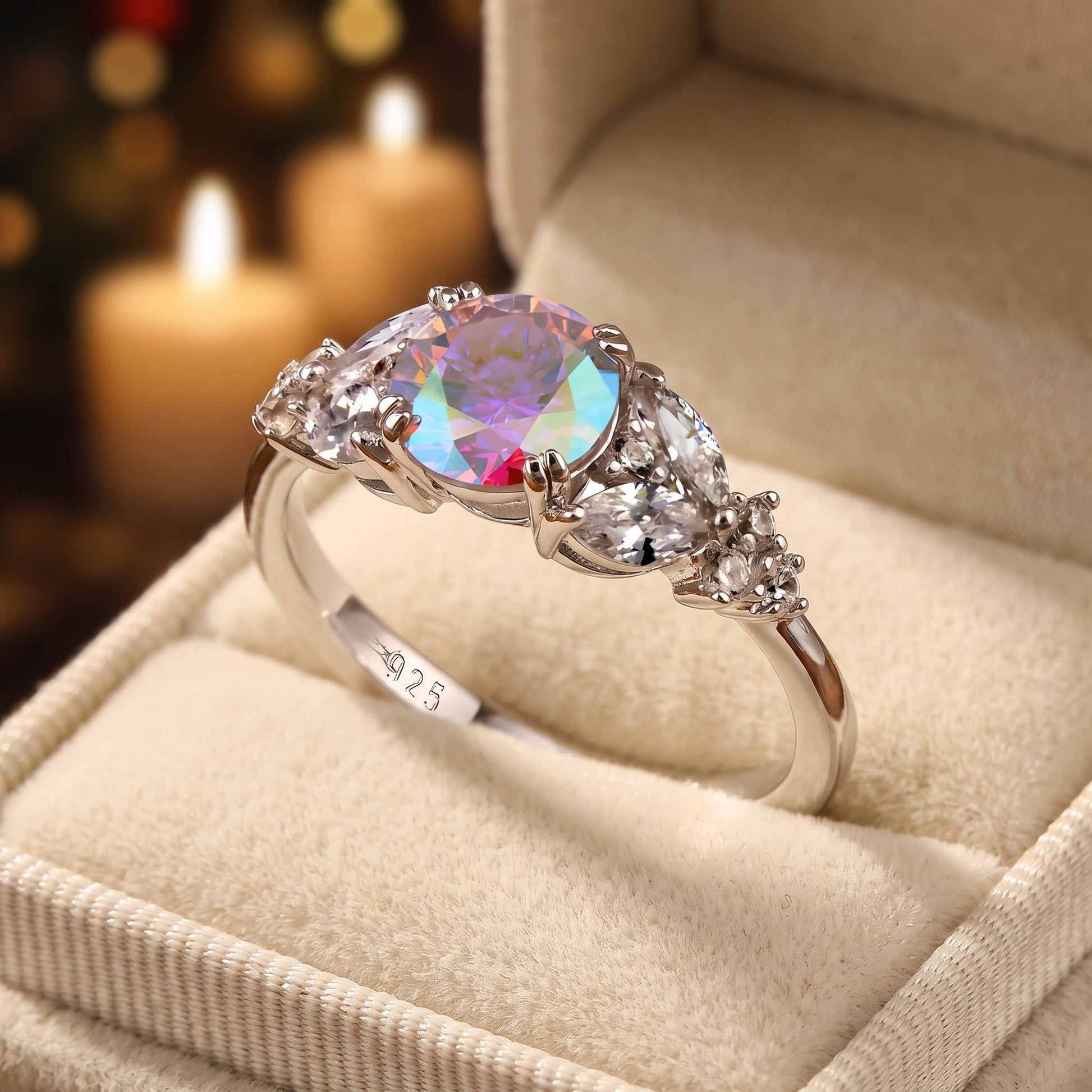 Sterling Silver Elegant Round Iridescent Rainbow CZ Ring for Women, Round Cubic Zirconia, Promise Ring Gift view 3