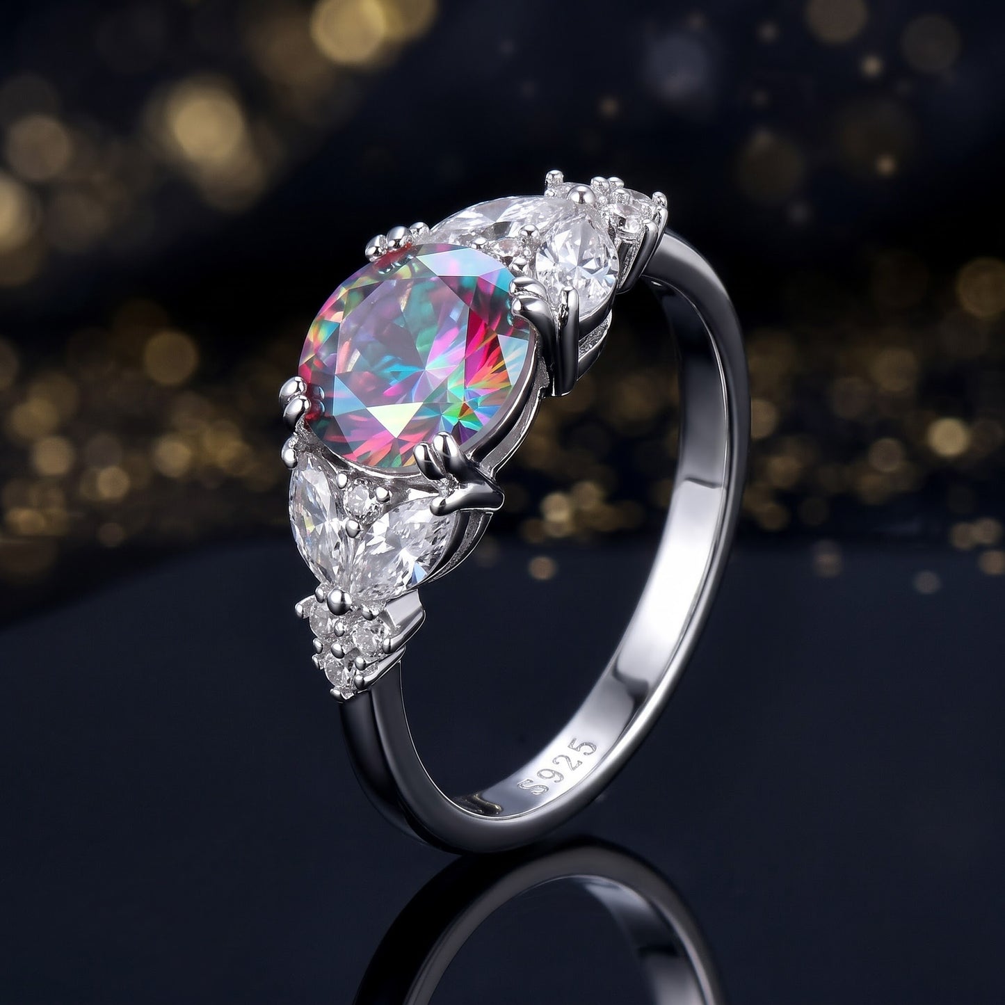 Sterling Silver Elegant Round Iridescent Rainbow CZ Ring for Women, Round Cubic Zirconia, Promise Ring Gift view 4