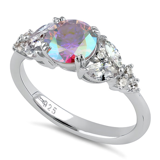 Sterling Silver Elegant Round Iridescent Rainbow CZ Ring for Women, Round Cubic Zirconia, Promise Ring Gift