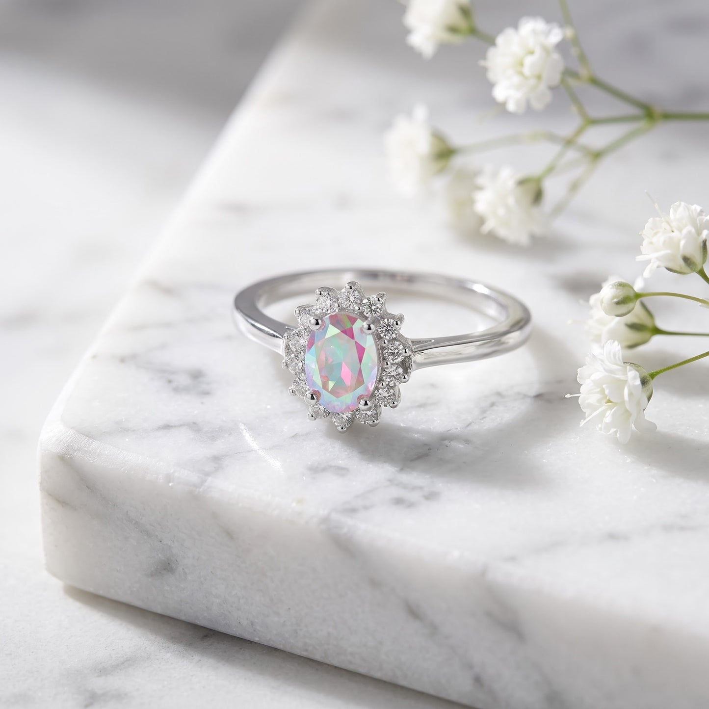 Sterling Silver Oval Iridescent Rainbow Halo CZ Ring for Women, Oval Cubic Zirconia, Promise Ring Gift view 1