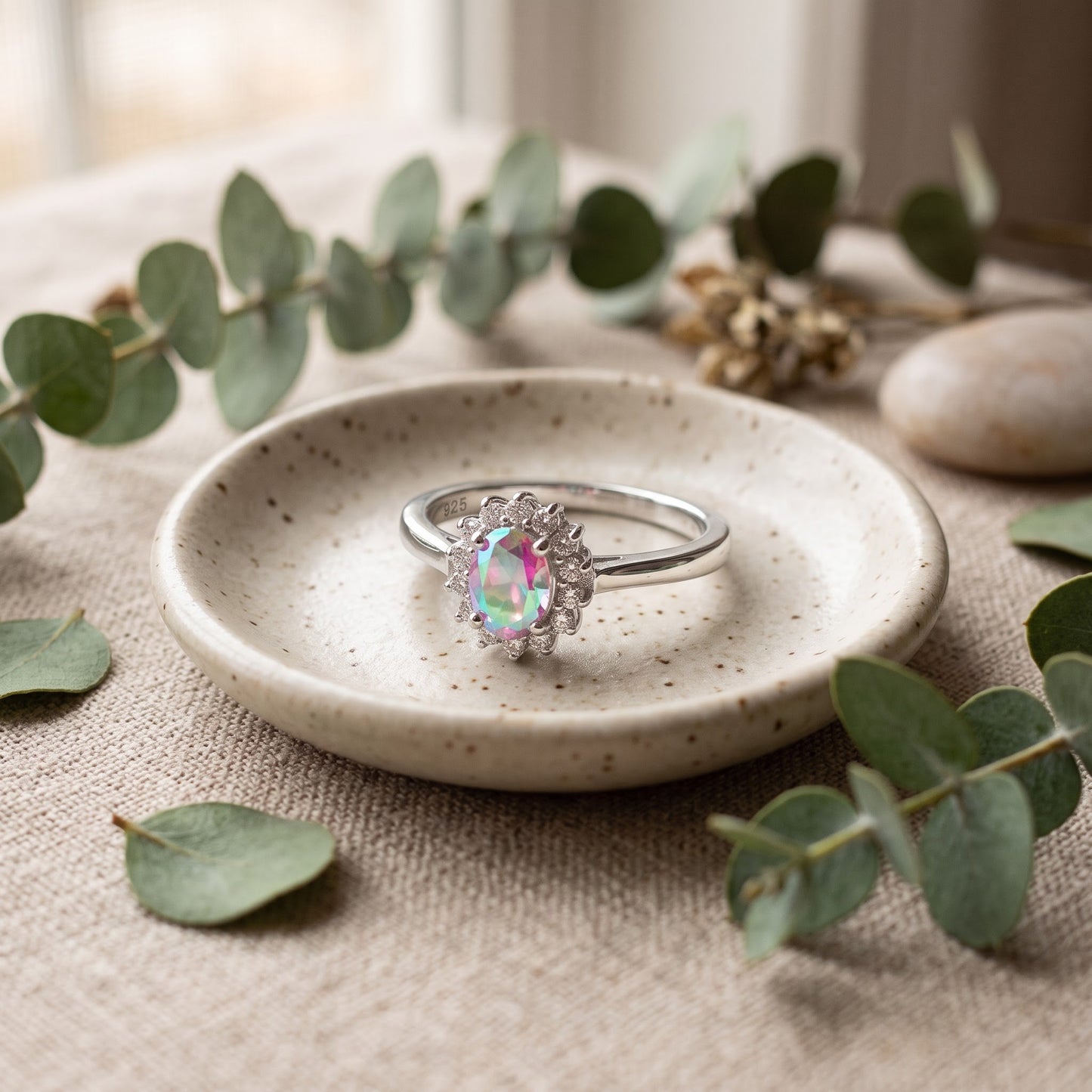 Sterling Silver Oval Iridescent Rainbow Halo CZ Ring for Women, Oval Cubic Zirconia, Promise Ring Gift view 2