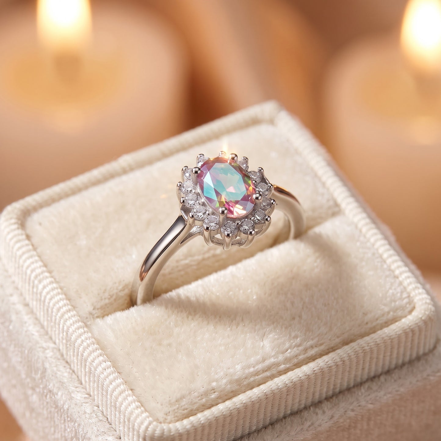 Sterling Silver Oval Iridescent Rainbow Halo CZ Ring for Women, Oval Cubic Zirconia, Promise Ring Gift view 3