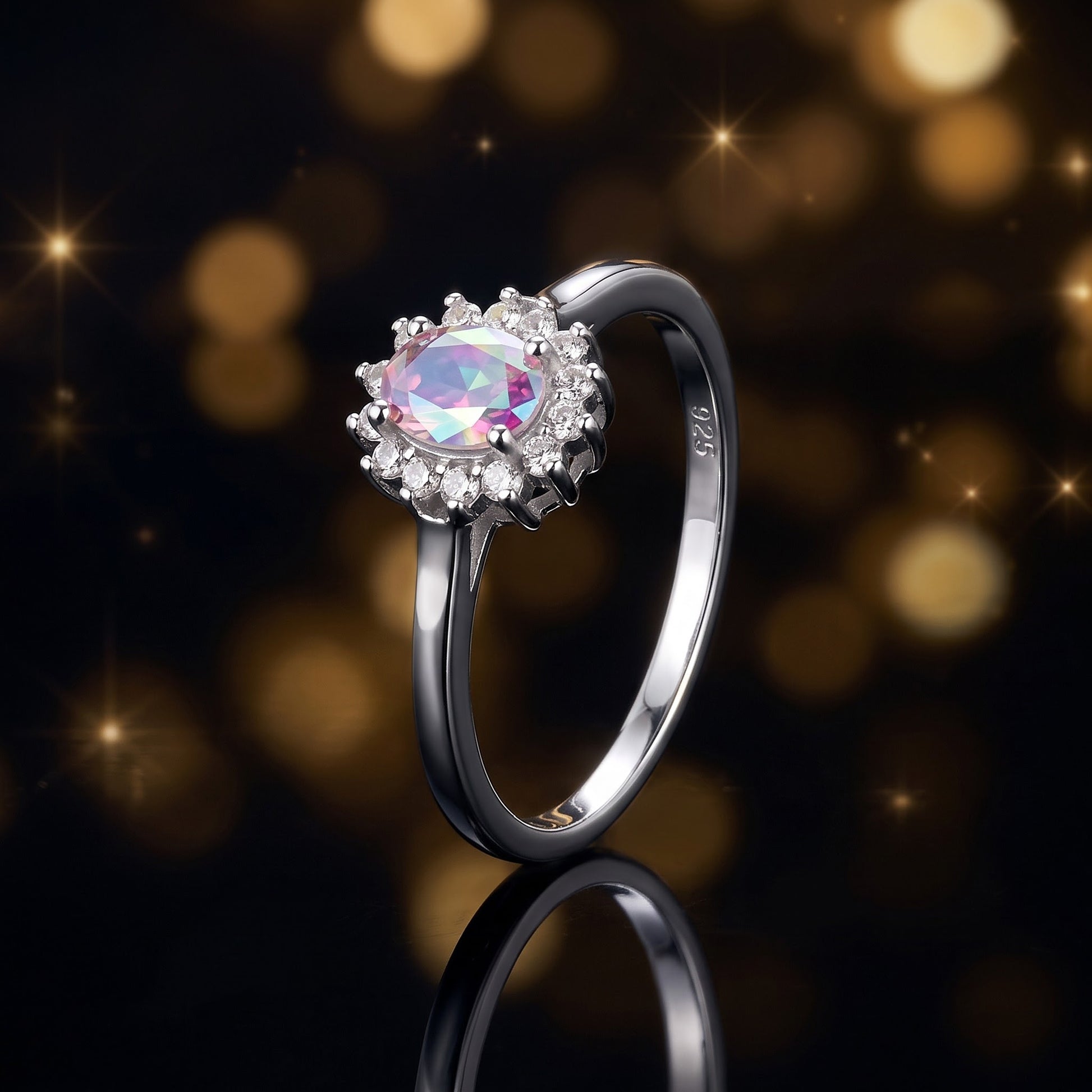 Sterling Silver Oval Iridescent Rainbow Halo CZ Ring for Women, Oval Cubic Zirconia, Promise Ring Gift view 4