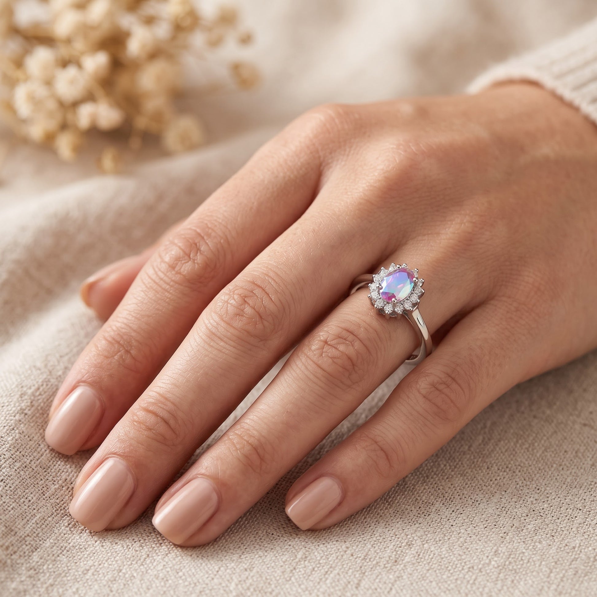 Sterling Silver Oval Iridescent Rainbow Halo CZ Ring for Women, Oval Cubic Zirconia, Promise Ring Gift view 5