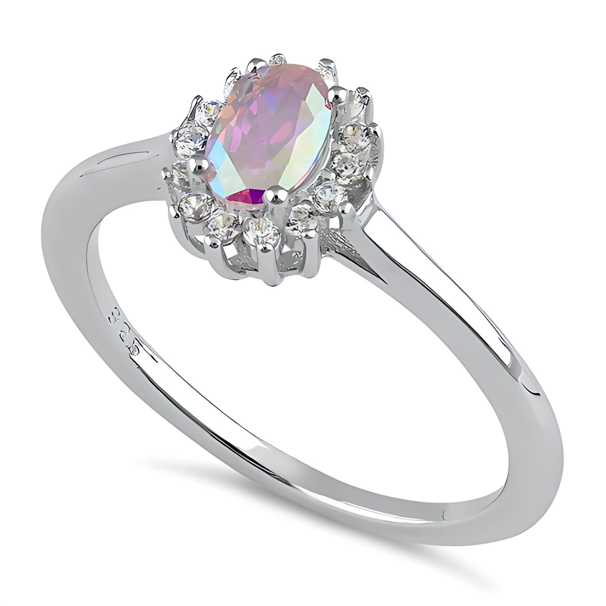 Sterling Silver Oval Iridescent Rainbow Halo CZ Ring for Women, Oval Cubic Zirconia, Promise Ring Gift