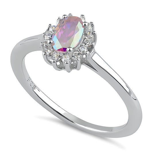 Sterling Silver Oval Iridescent Rainbow Halo CZ Ring for Women, Oval Cubic Zirconia, Promise Ring Gift