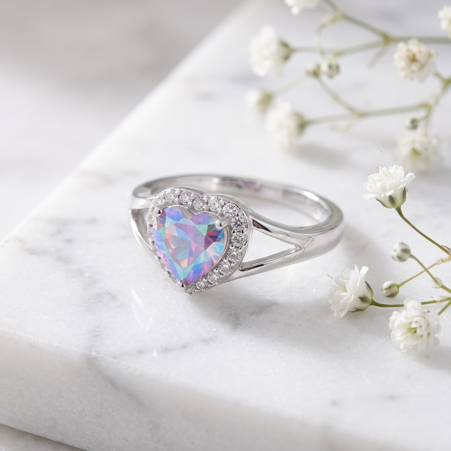Sterling Silver Heart Shape Iridescent Rainbow CZ Ring for Women, Heart Cubic Zirconia, Promise Ring Gift view 1