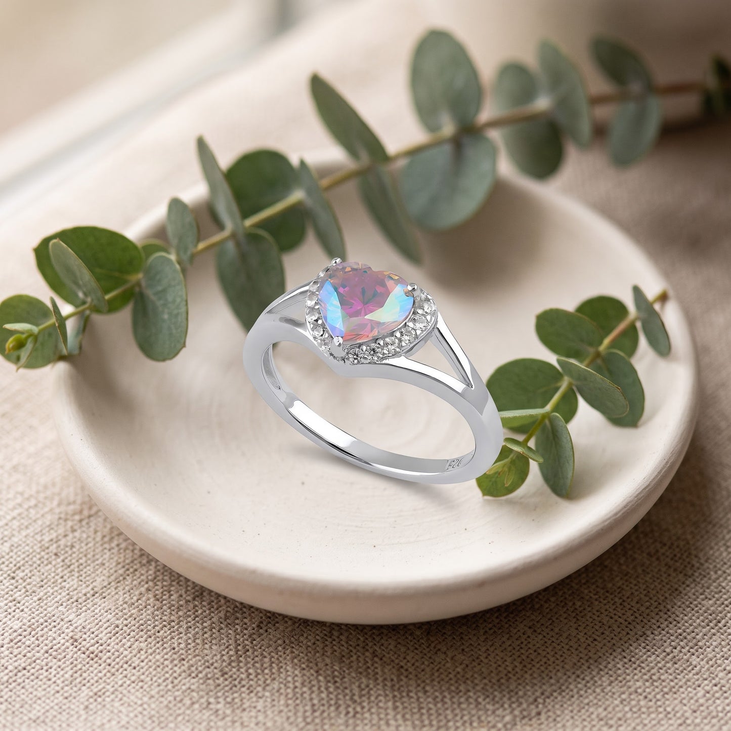 Sterling Silver Heart Shape Iridescent Rainbow CZ Ring for Women, Heart Cubic Zirconia, Promise Ring Gift view 2