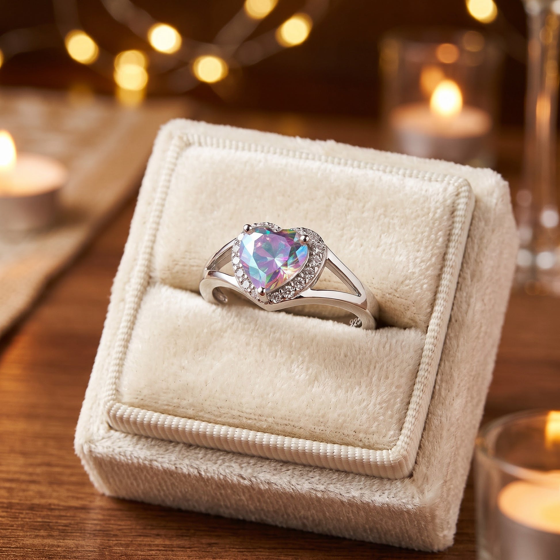 Sterling Silver Heart Shape Iridescent Rainbow CZ Ring for Women, Heart Cubic Zirconia, Promise Ring Gift view 3